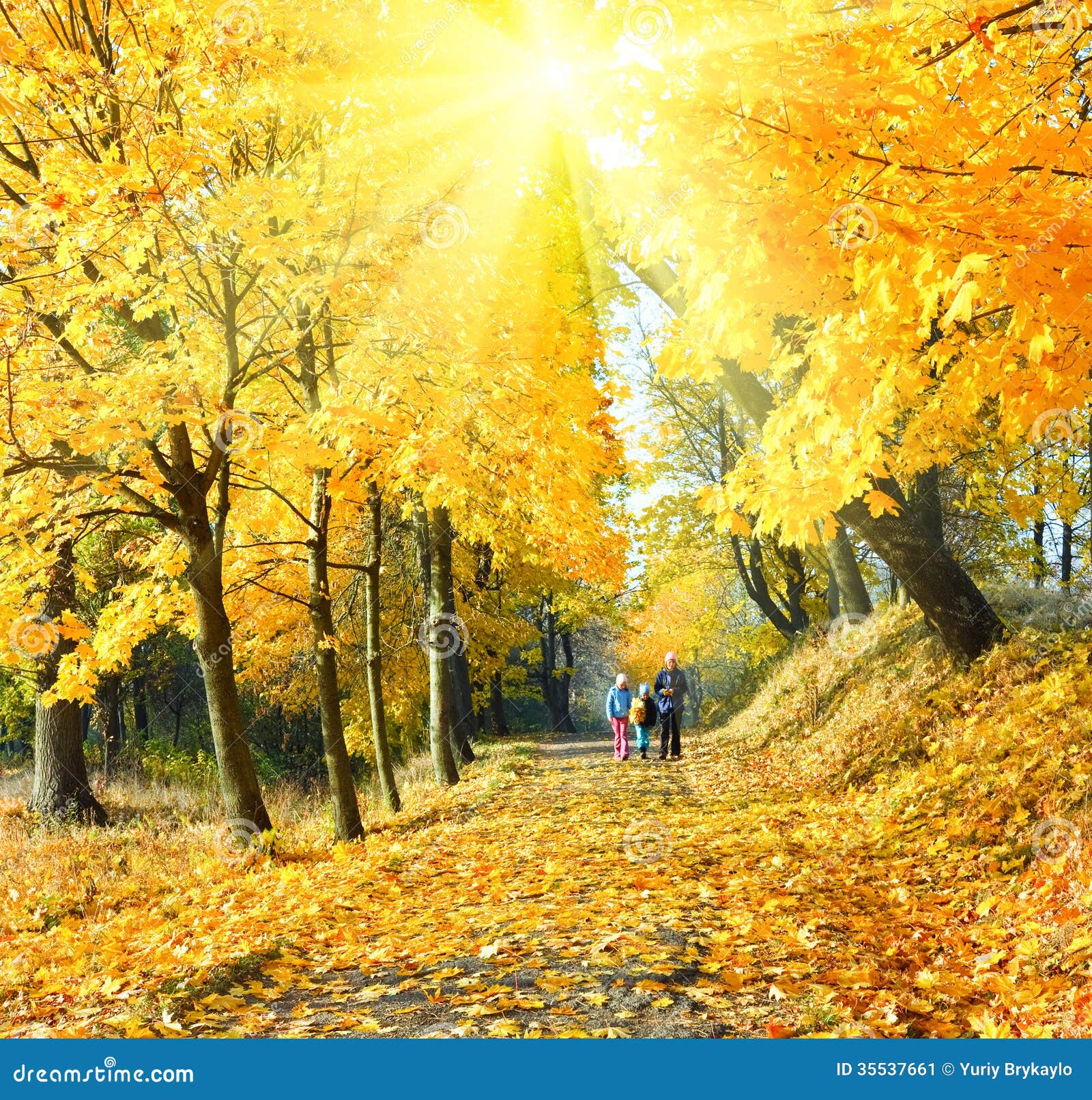 Happy family (mother with small children) walking in golden maple 