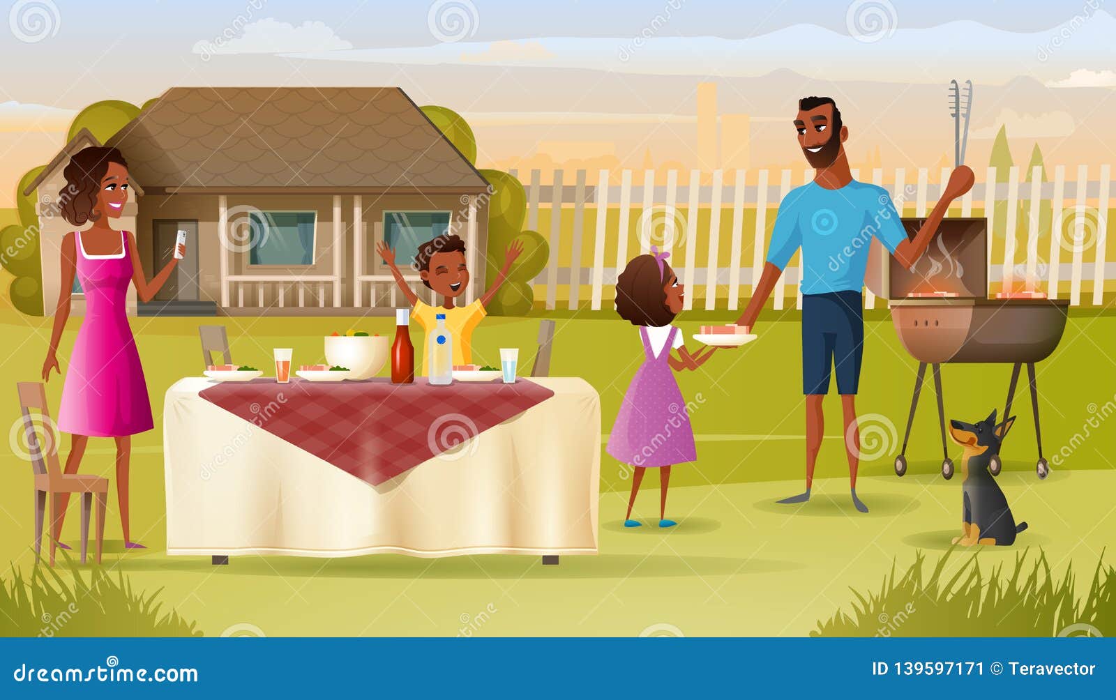 family barbeque party on house yard cartoon 