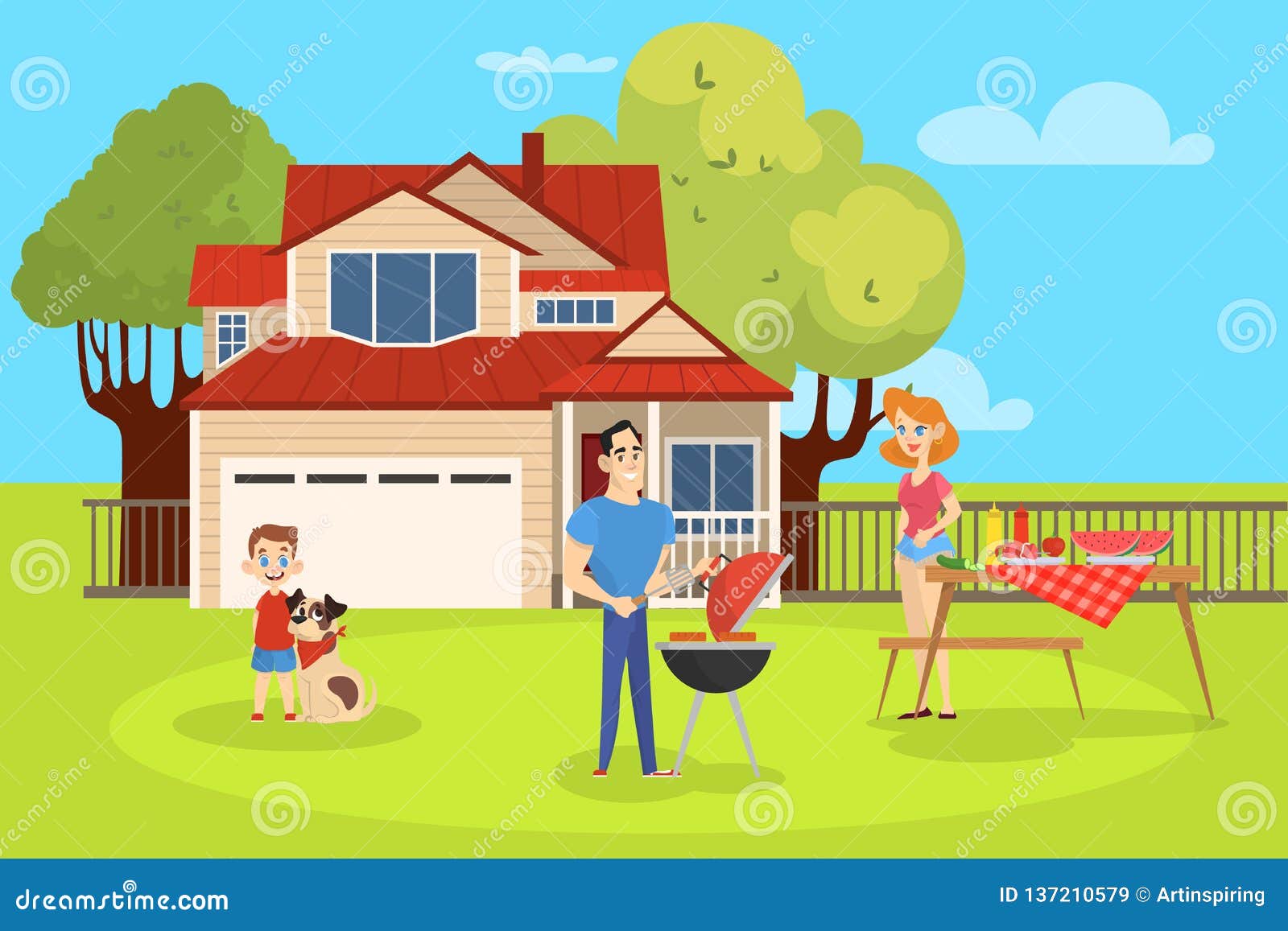 Family On Bbq Party On The Backyard Stock Vector Illustration Of
