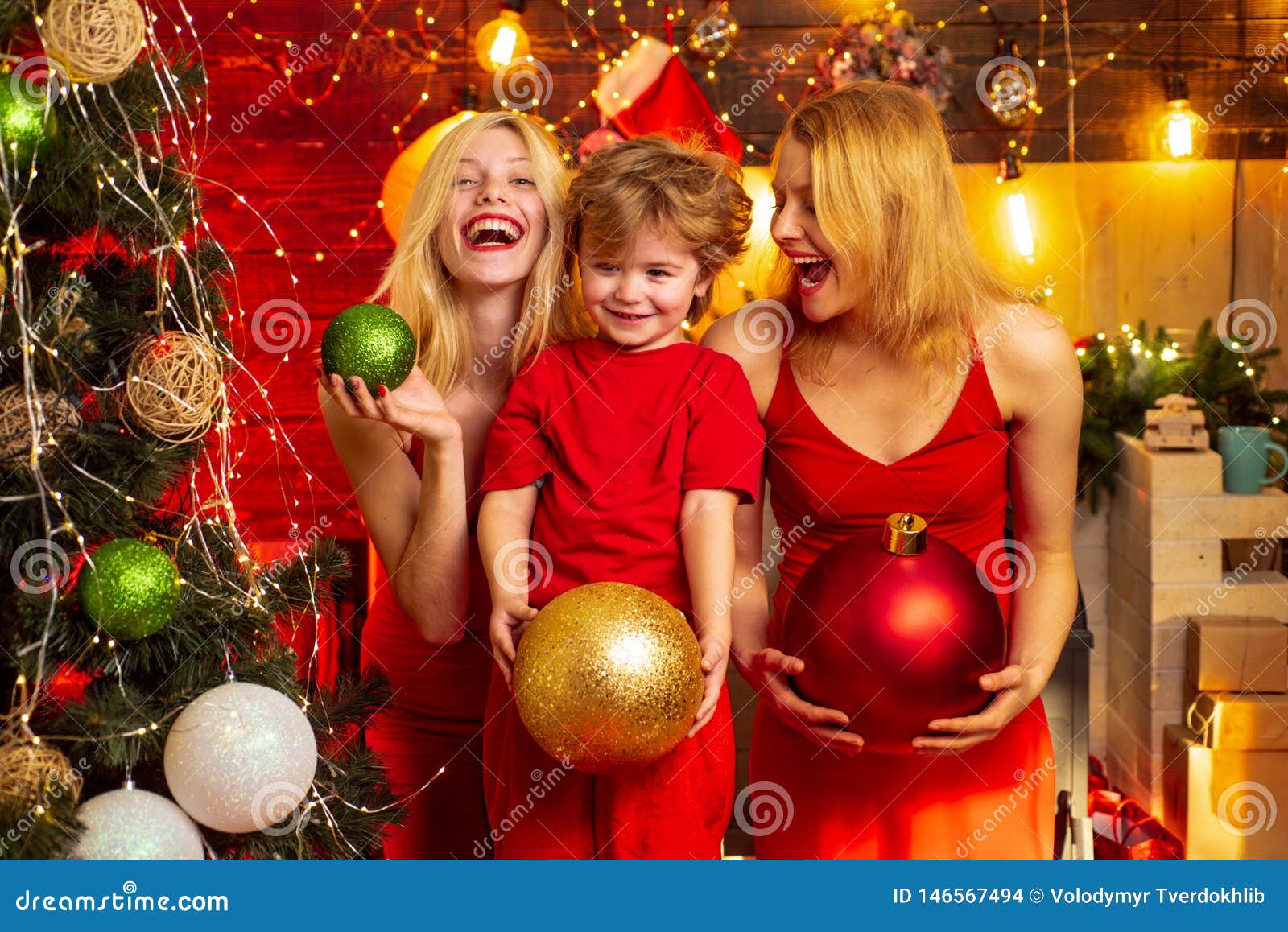 Family Bonds. Love Peace Joy. Kid Boy with Mom or Aunts Sisters Having
