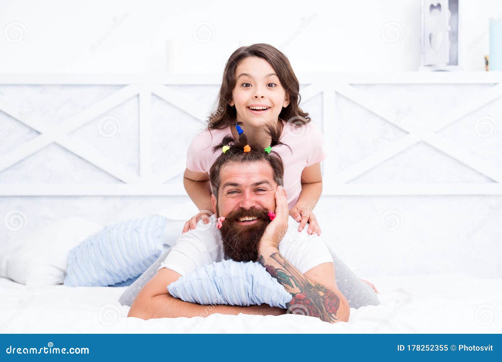 Family Bonds. Spending Time Together at Home. Little Girl Made Funny  Hairstyle for Daddy Stock Image - Image of girl, child: 178252355