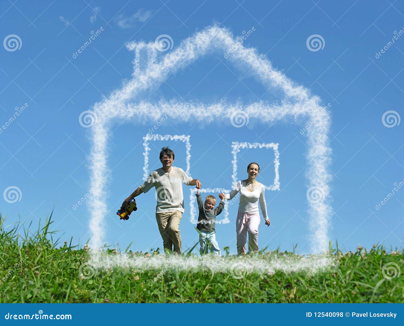 Family with Boy on Meadow and Dream Cloud House Stock Photo Image of