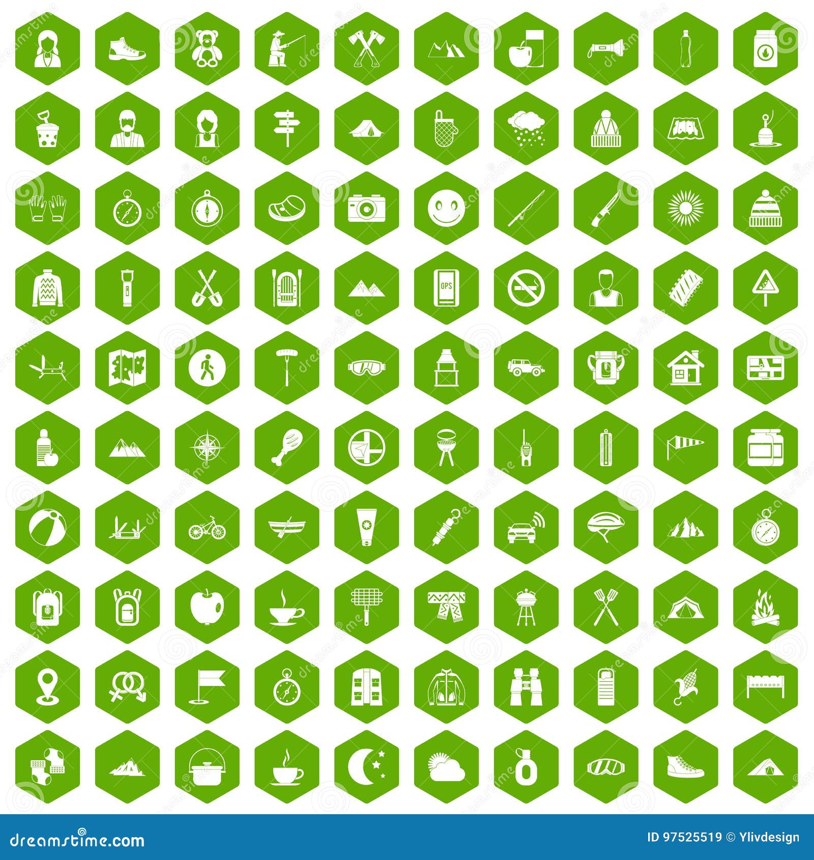 100 Family Camping Icons Hexagon Green Stock Vector - Illustration of ...