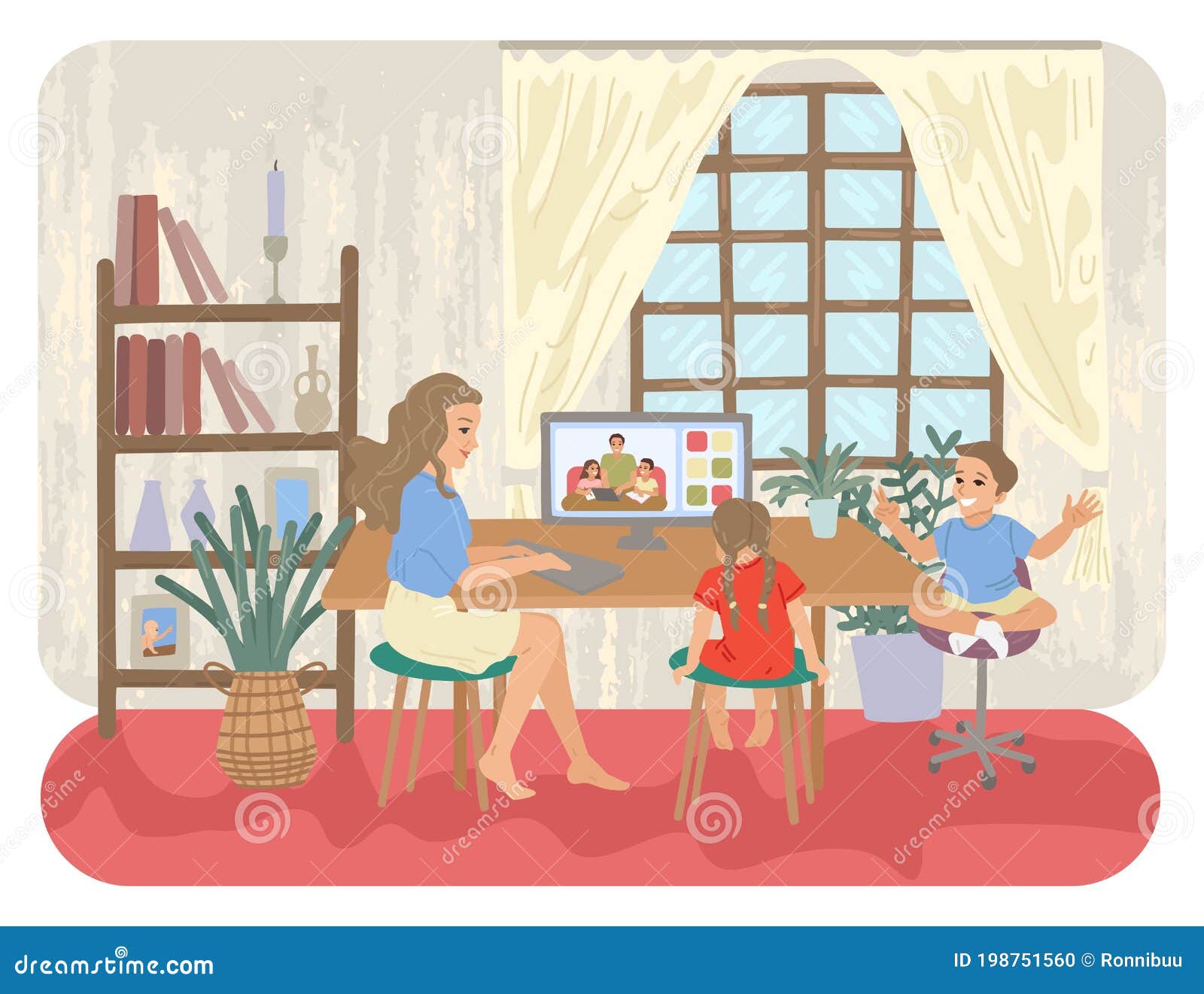 Family with Children. Entertainment for Children at Home. Online Education  for School Children. Vector Illustration Stock Vector - Illustration of  count, design: 198751560