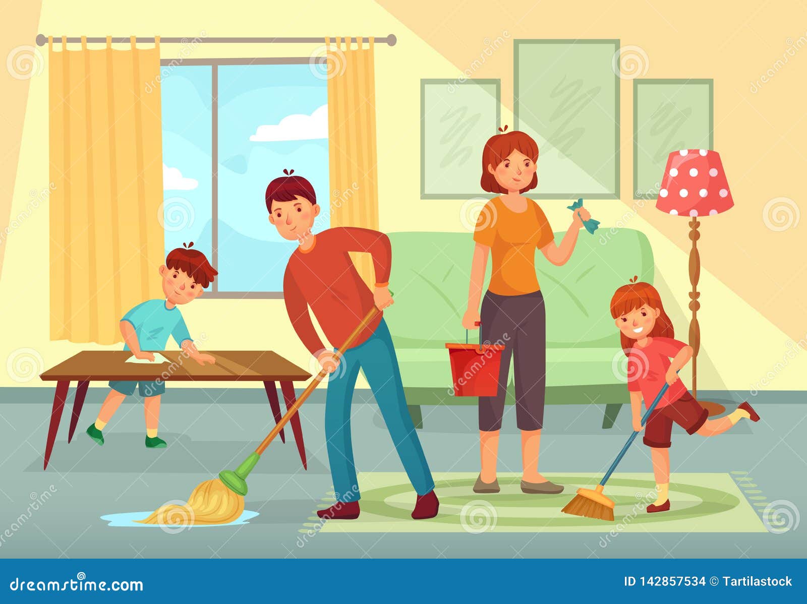 family cleaning house. father, mother and kids cleaning living room together housework cartoon  