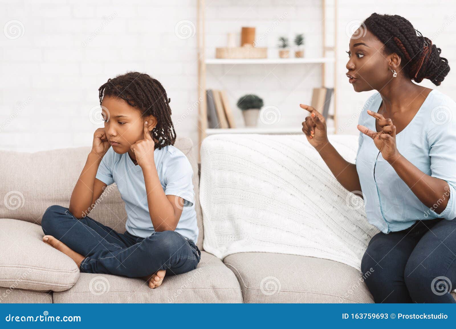 African American Mother Telling Off Her Daughter Closing Ears Stock Image Image Of Lessons