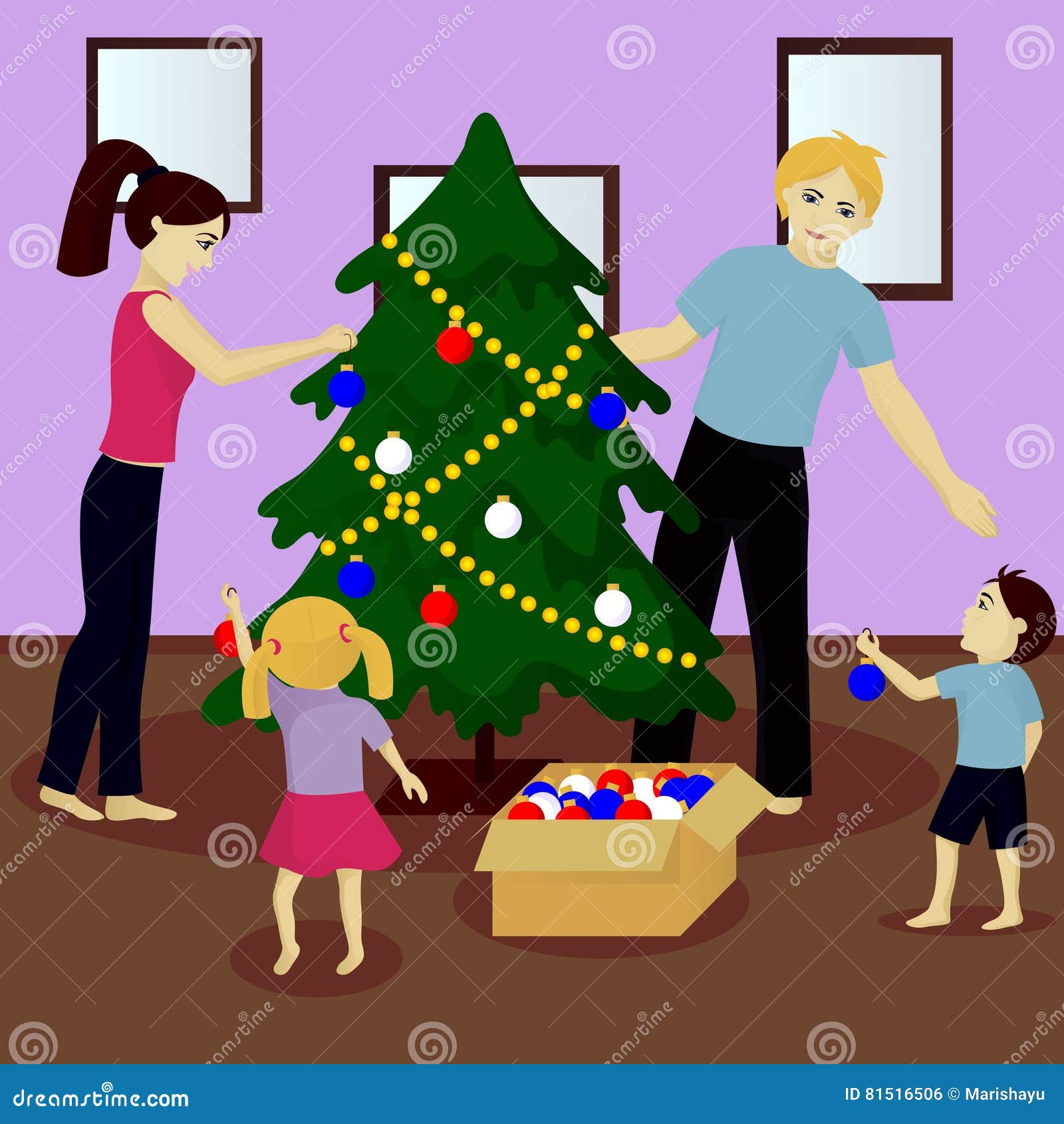 family decorate christmas tree