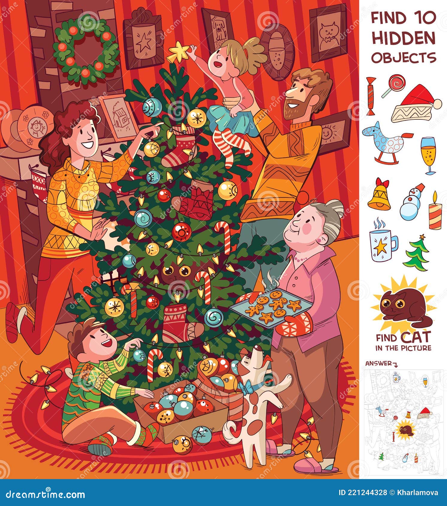 family decorates christmas tree. find 10 hidden objects in the p