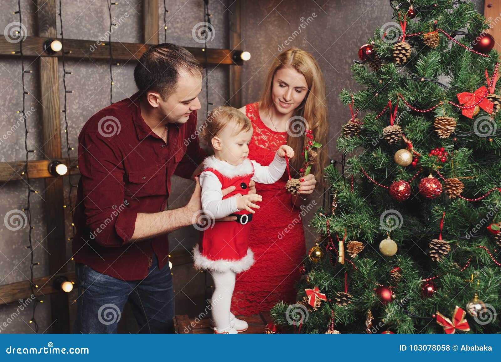 Family Decorating Christmas Tree at Home Stock Photo Image of female