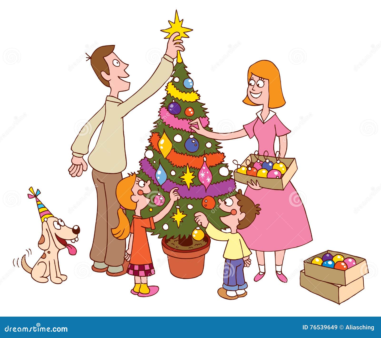 Family Decorating Christmas Tree Together Stock Vector Illustration