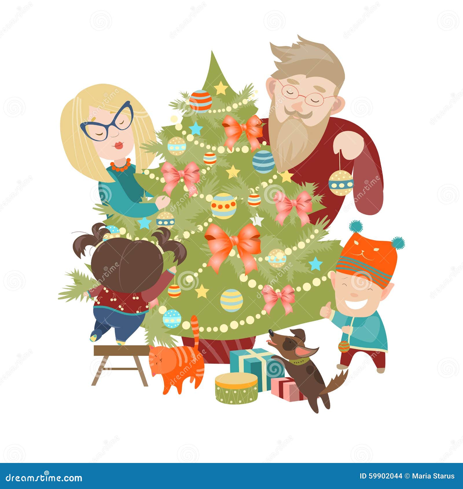 Family Decorating a Christmas Tree Stock Vector Illustration of gift