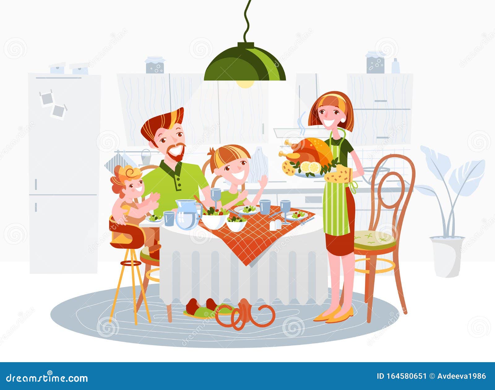 Family Dinner. Happy People Celebrate Thanksgiving Day Or Christmas At Home. Vector Illustration ...