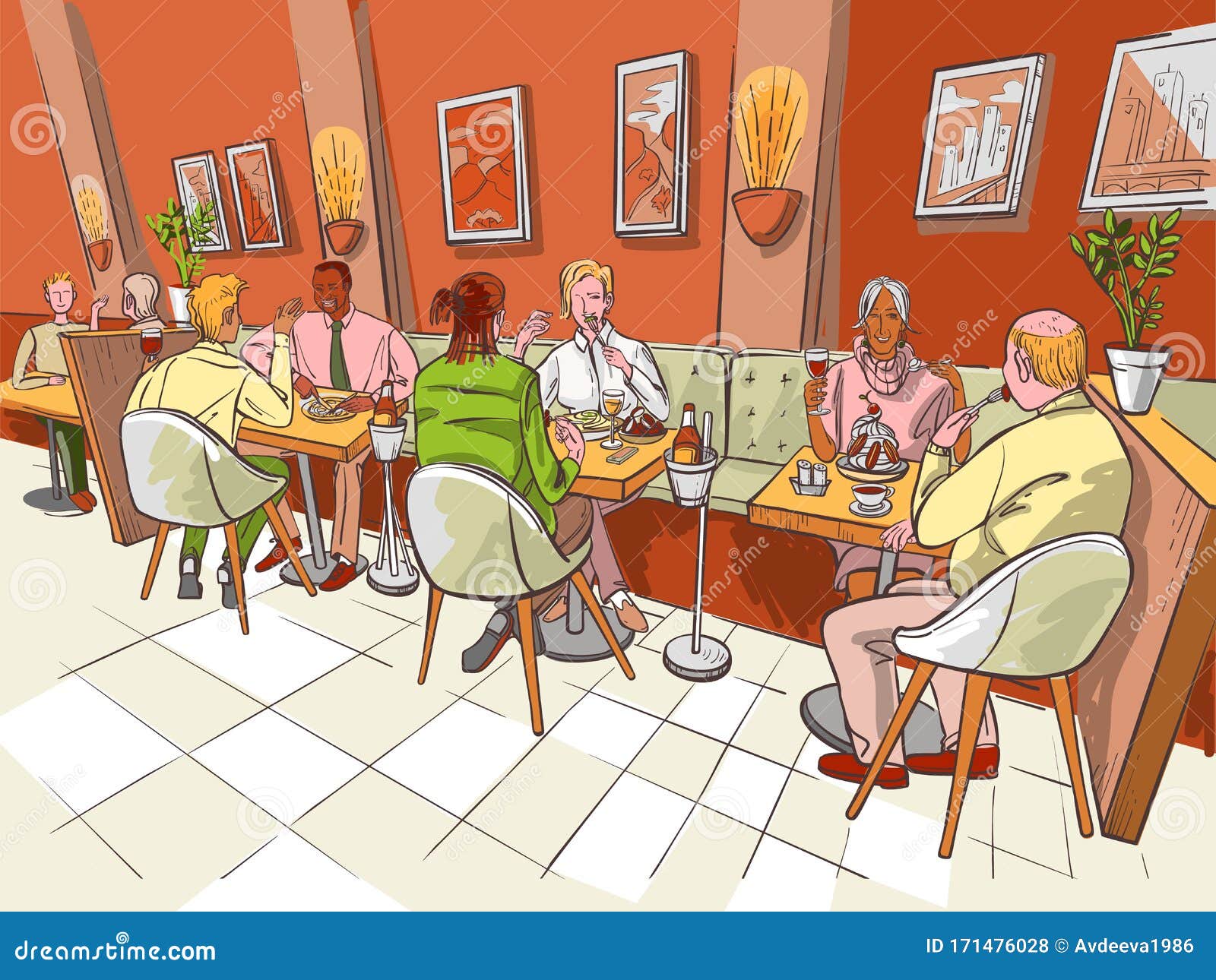 Family Dinner or Scene of Breakfast is in Restaurant Interior. People are Talking and Eating in a Cafe or a Bistro of Stock Vector - Illustration of food, graphic: 171476028 Family Dinner or Scene of Breakfast is in Restaurant Interior. People are Talking and Eating in a Cafe or a Bistro of Stock Vector - Illustration of food, graphic: 171476028
