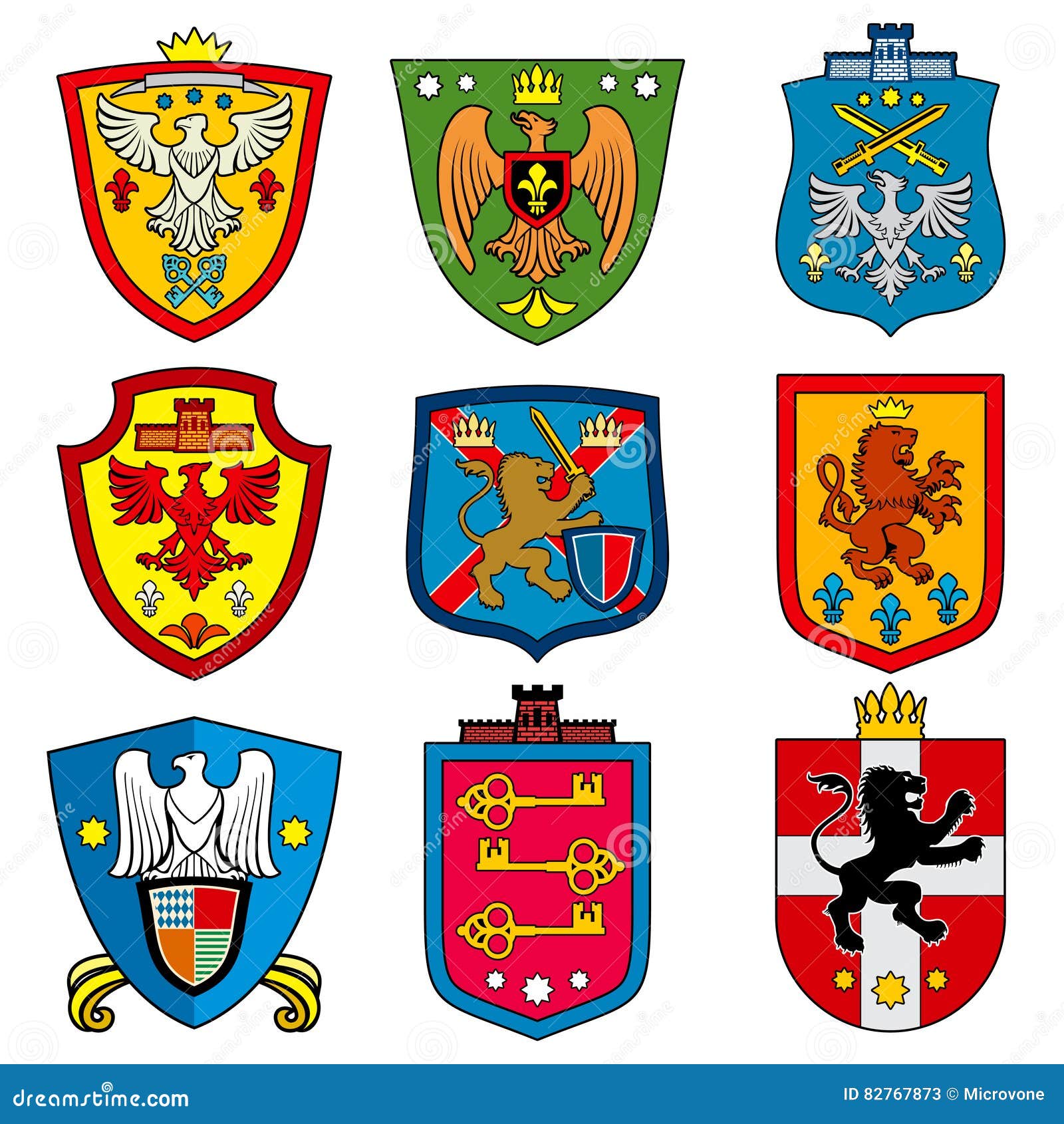 family dynasty medieval royal coat of arms on shield  set