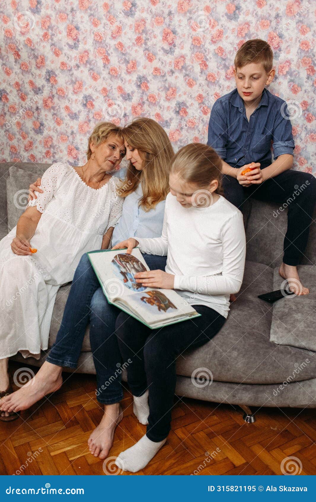 family engaged in storytime at home