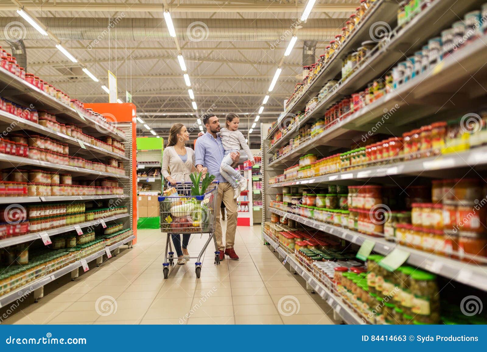 Family with Food in Shopping Cart at Grocery Store Stock Image - Image ...