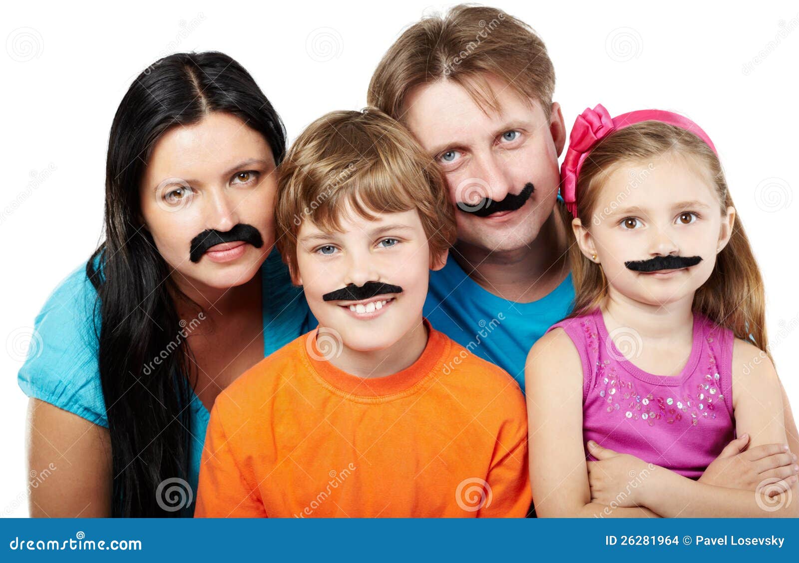 family with glued artificial mustaches.