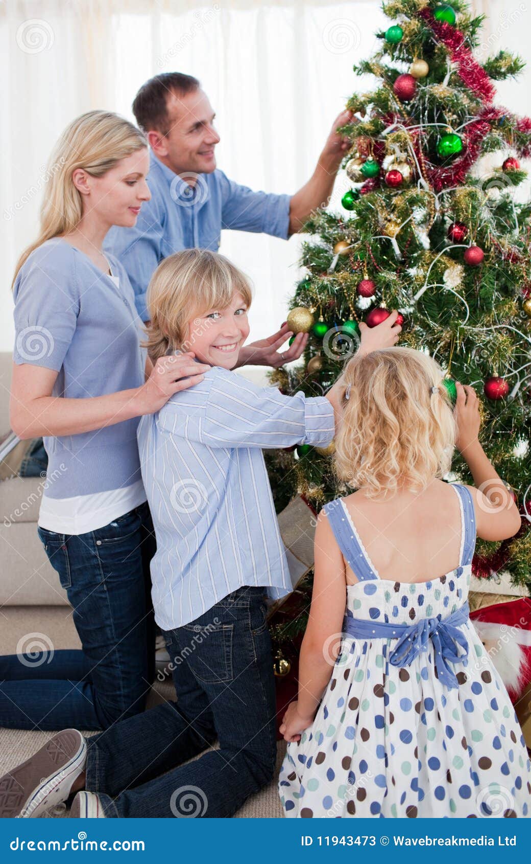 Family Hanging Decorations on a Christmas Tree Stock Image Image of