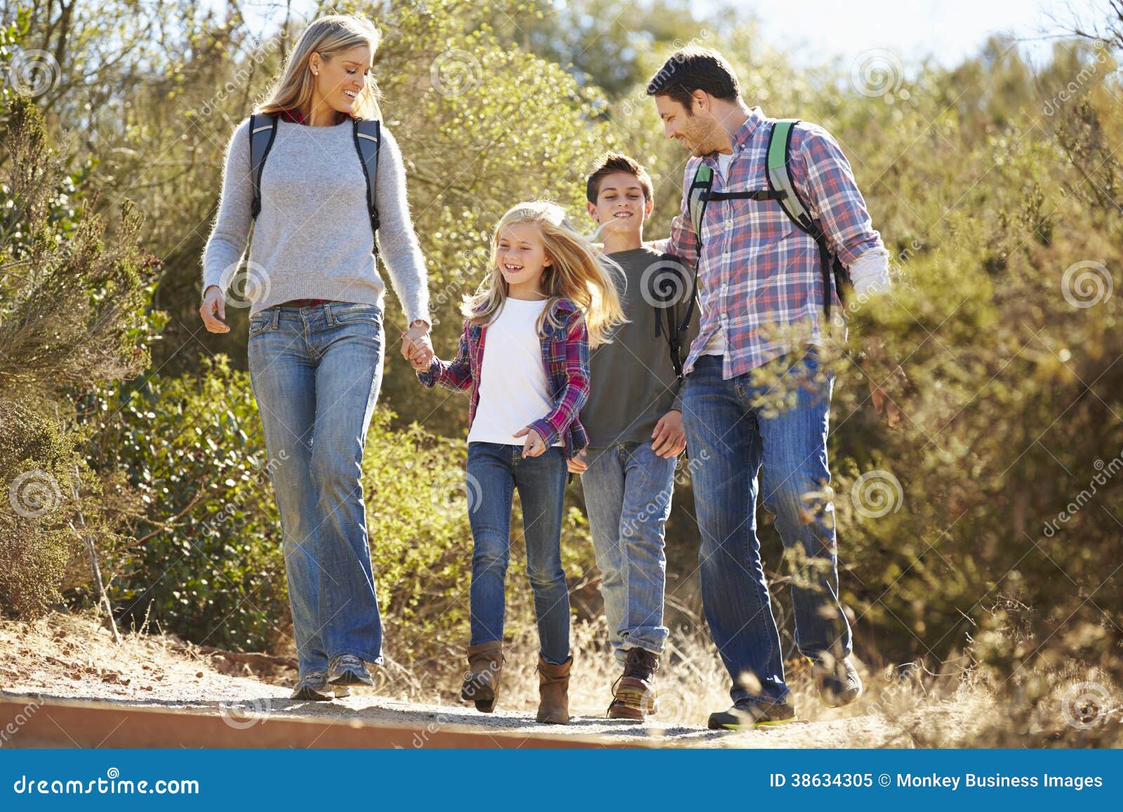 family hiking in countryside wearing backpacks