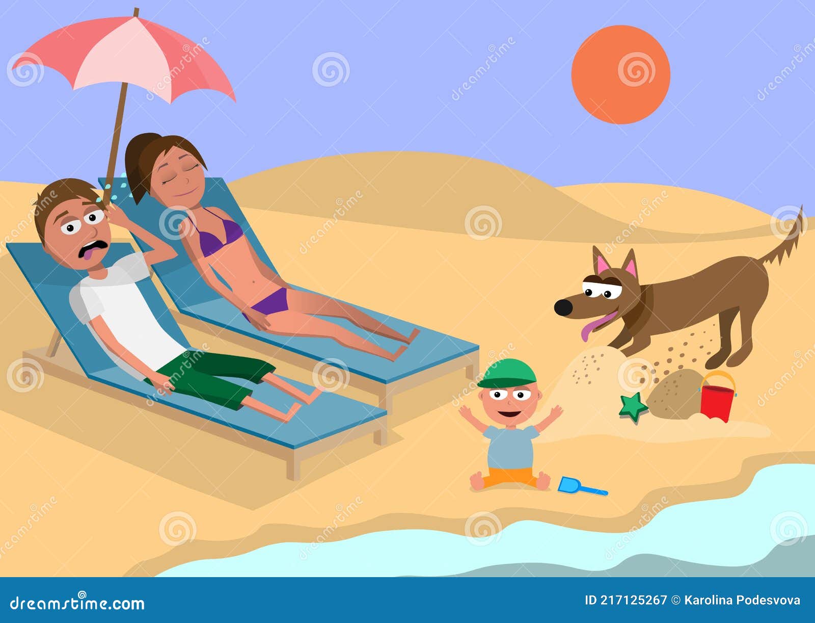 Family on Holiday, Cartoon Characters in Hot Weather Man Sweating, Woman  Sunbathing, Baby Playing in Sand, Dog Digging Stock Vector - Illustration  of outdoors, happy: 217125267
