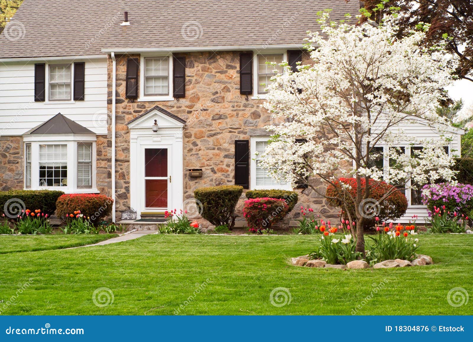 family house with front lawn in spring