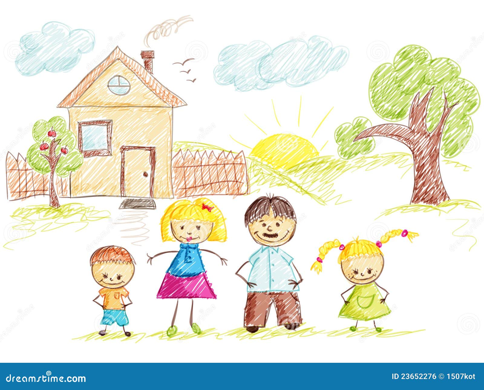 Family and House Sketch Color Stock Vector Illustration of little