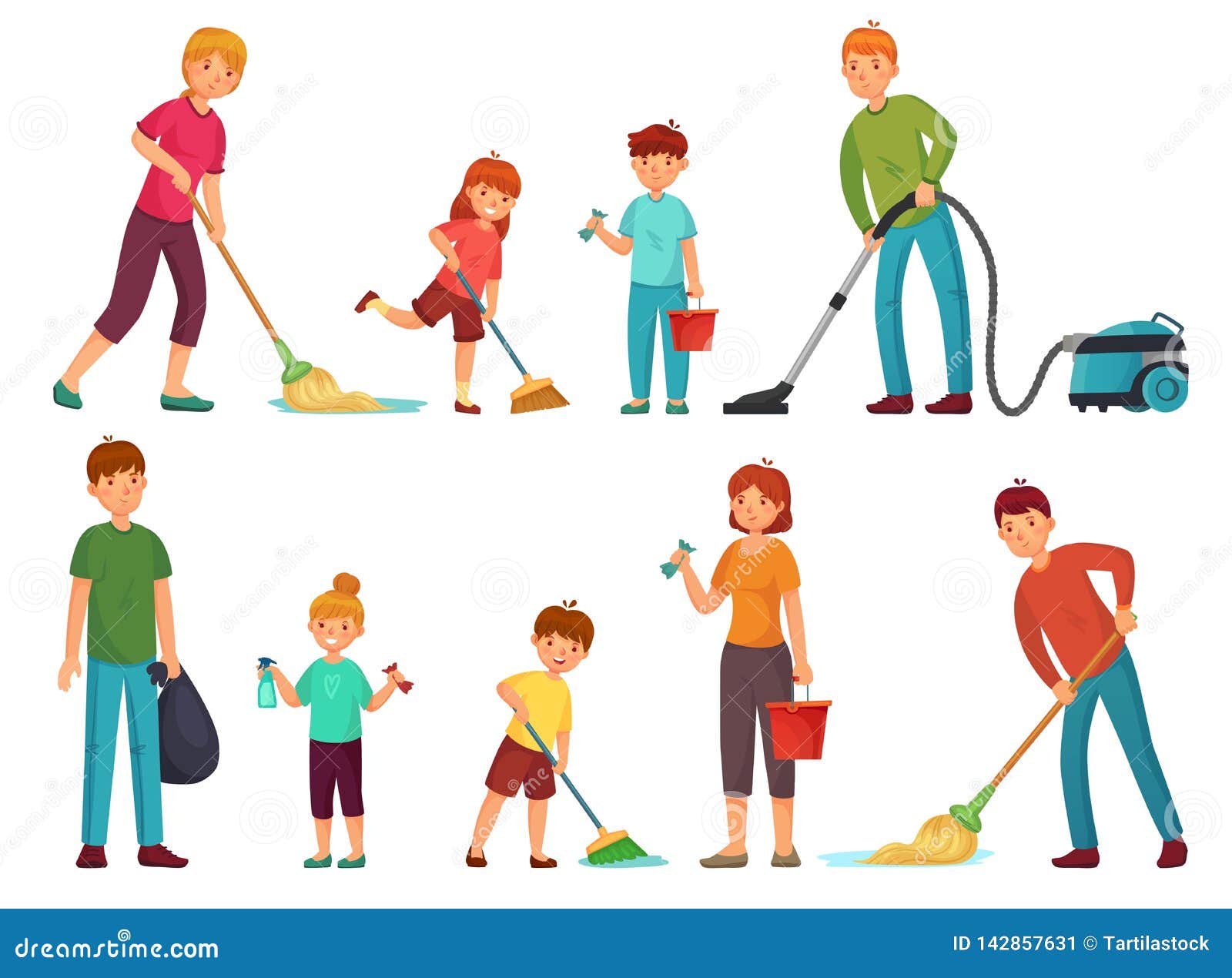 family housework. parents and kids clean up house, cleaning with vacuum cleaner and wash floor cartoon 