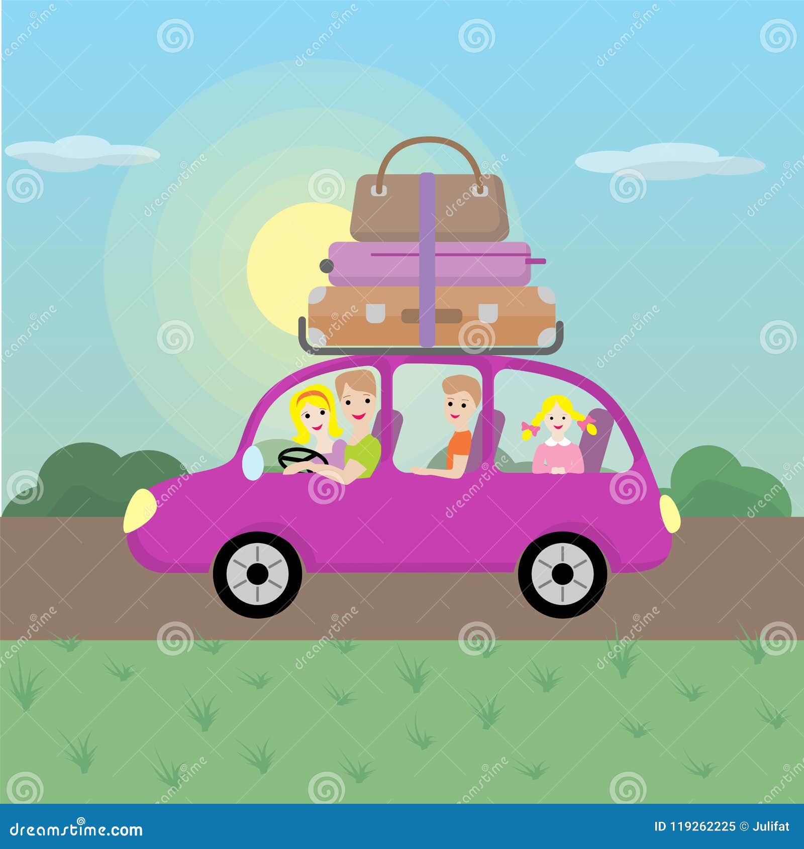 Family journey by car to nature. Father, mother, son-teen and little daughter go on a trip. Illustration in a cartoon style. Flat design