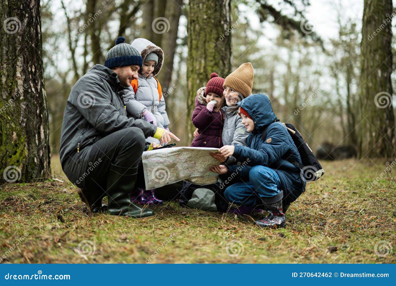 Family and Kids with Map in the Forest Stock Photo - Image of camping