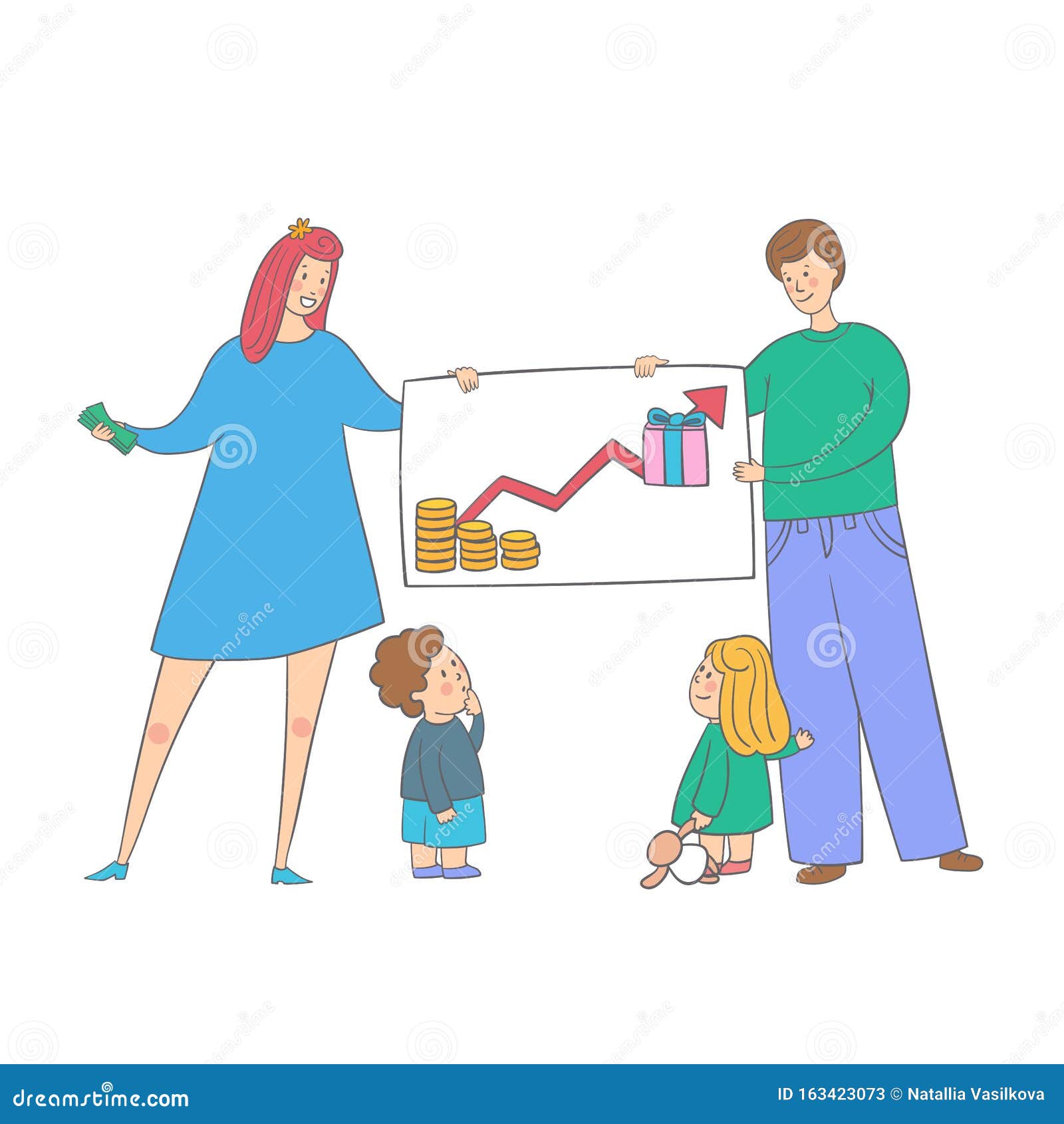 Family With Kids Saves Money. Parents Teaching Children