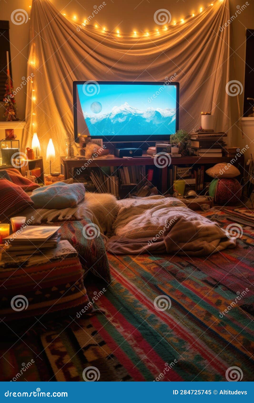 Family Movie Night Setup with Projector and Blankets Stock Illustration