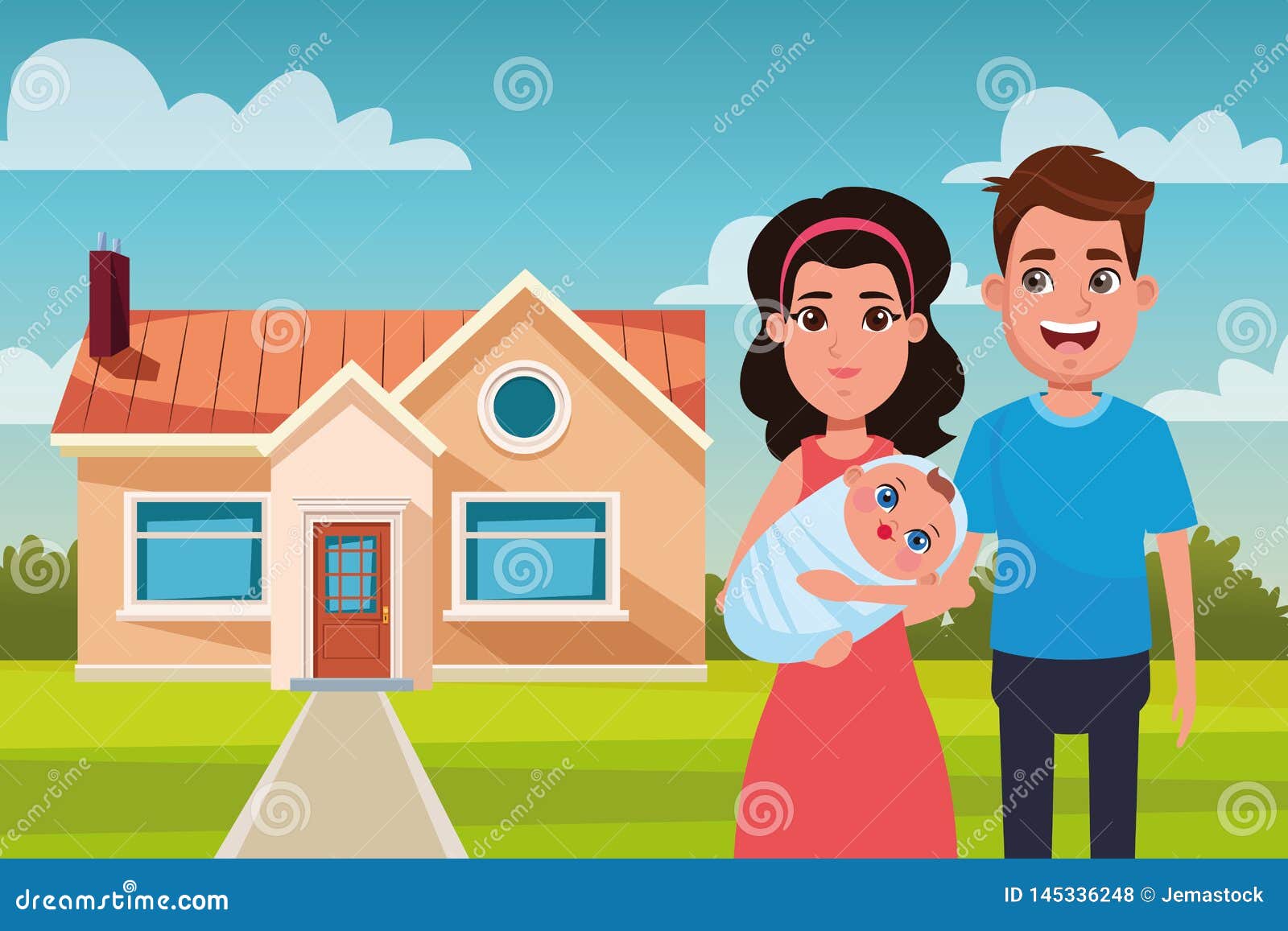 Family Outdoors from Home Cartoon Stock photo
