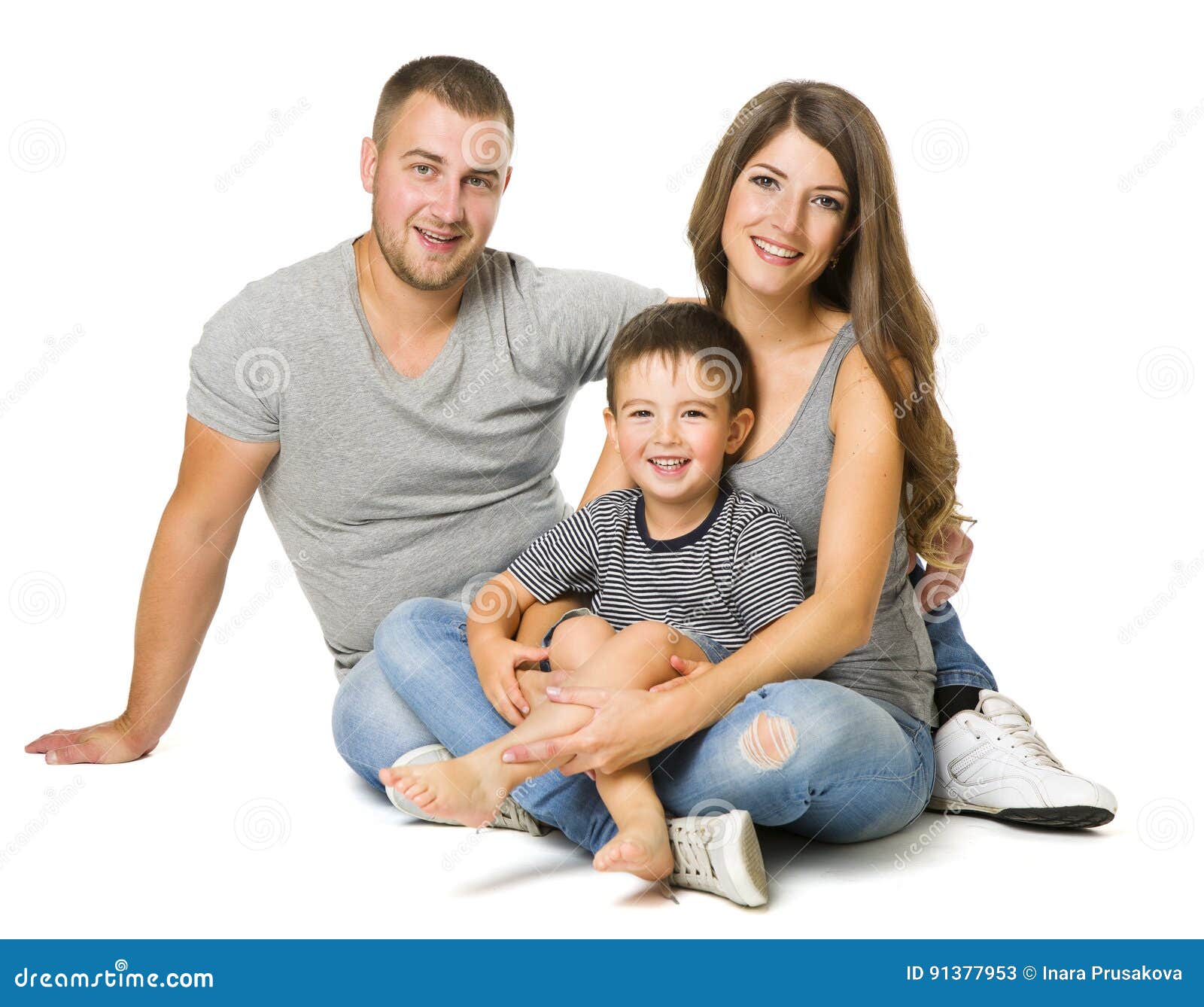 family over white background, three people, parents with child