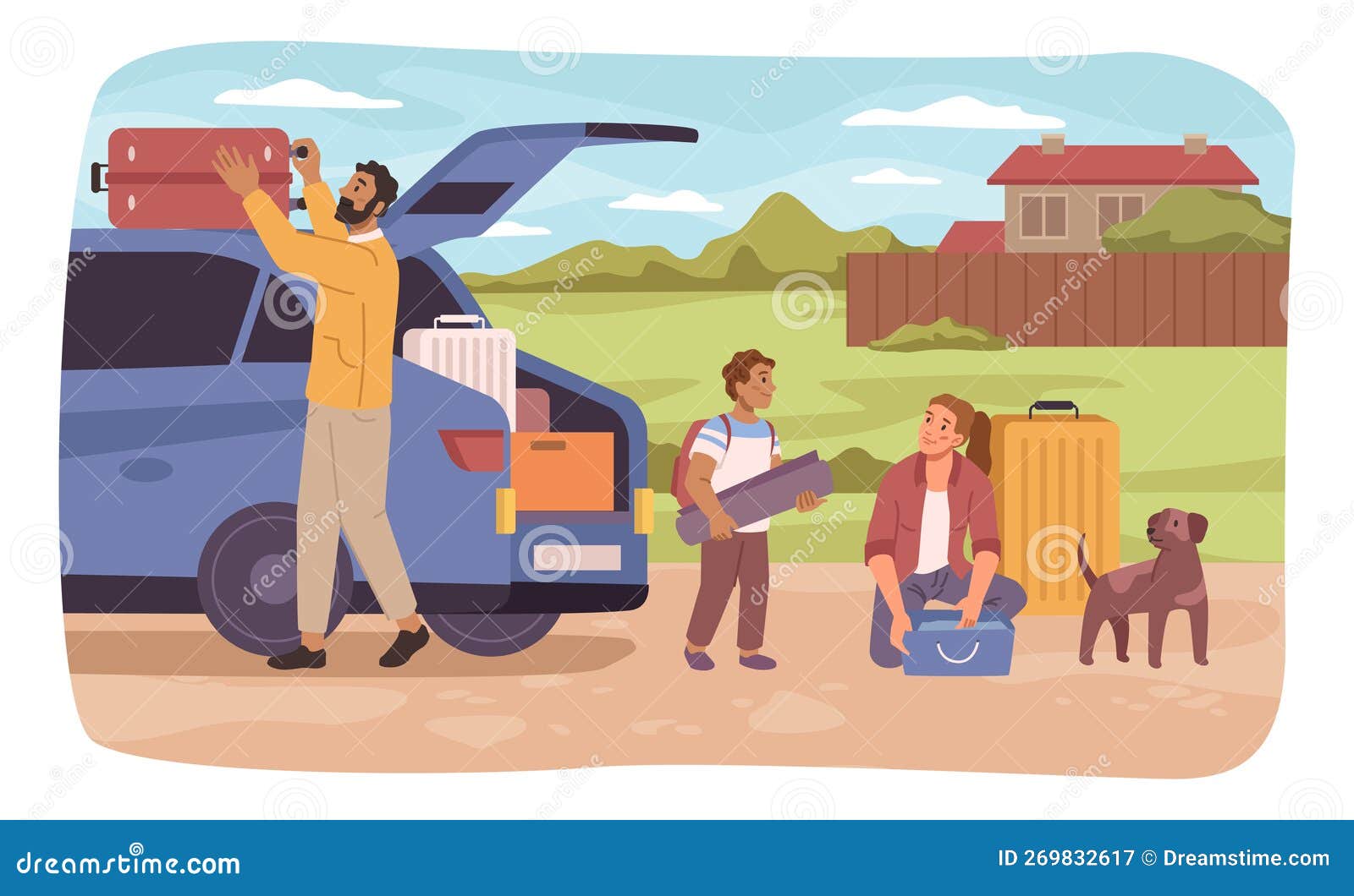 Cartoon illustration of a family on a road trip. Mother in law placed in  the luggage roof box suitcase Illustration Stock