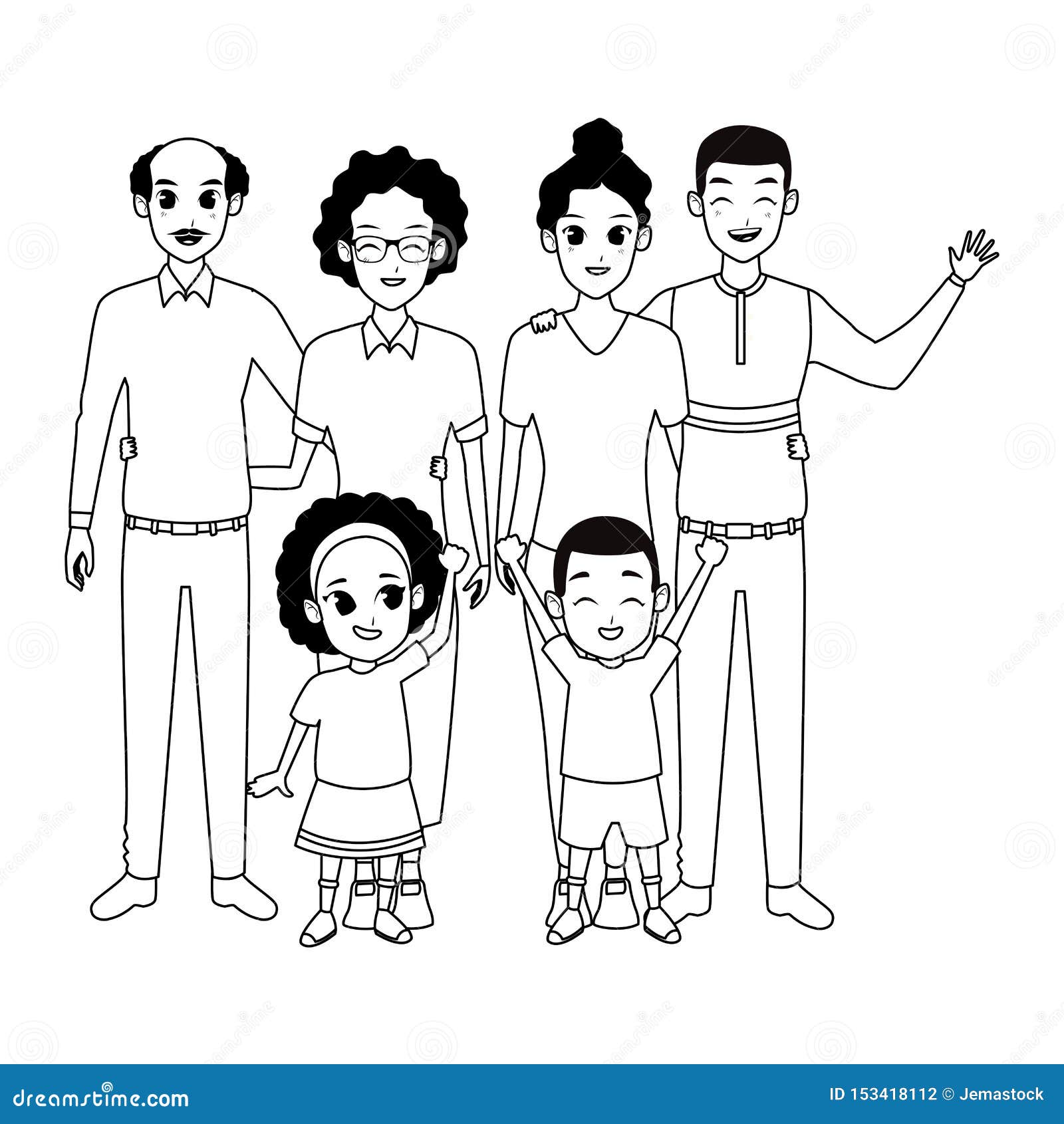 Family Parents and Childrens Cartoons in Black and White Stock Vector