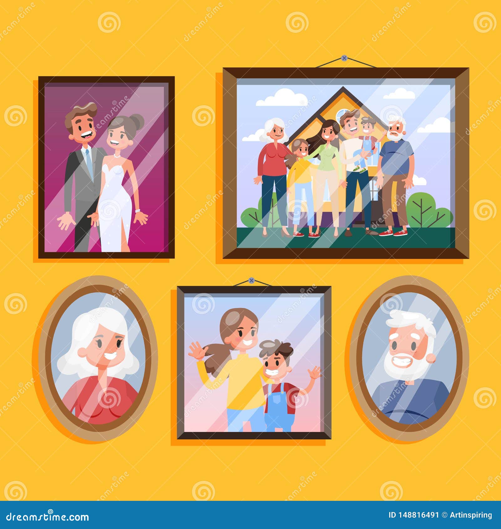 Family Photo in Frame Hanging on the Wall Set Stock Vector ...