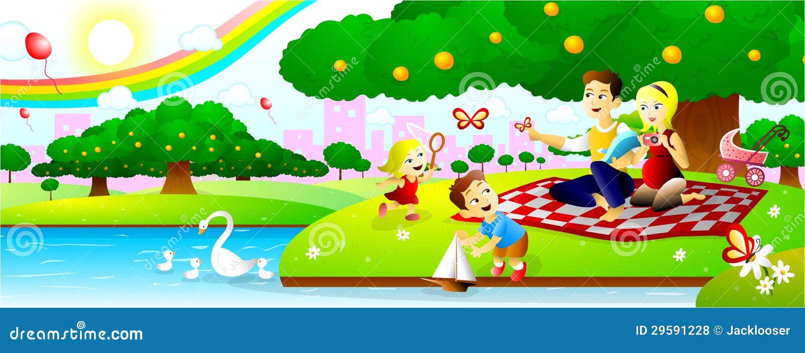 Family Picnic at park stock vector. Illustration of geese - 29591228, image size:1600x702