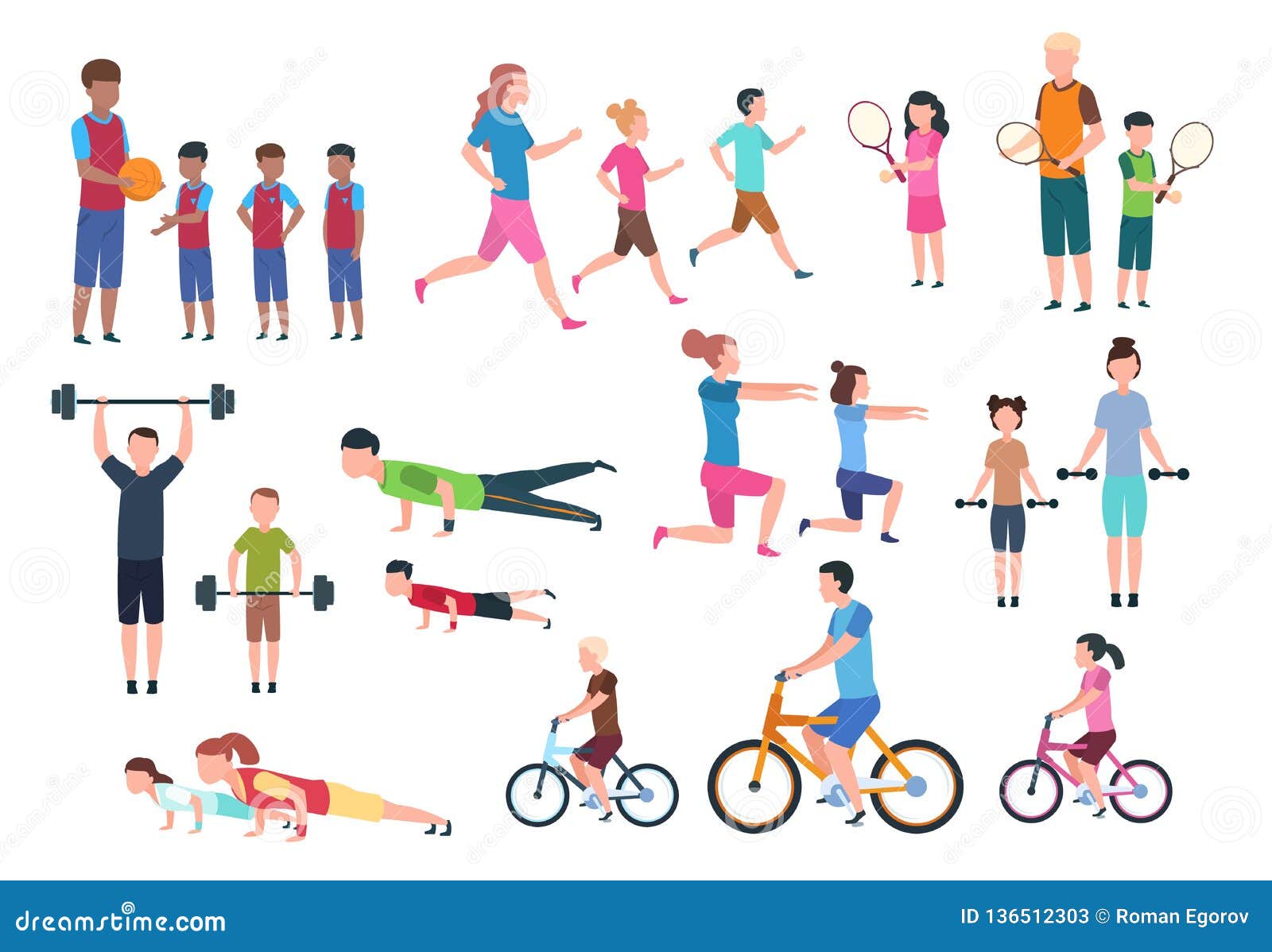 family playing sports. people fitness exercising and jogging. sport active lifestyles cartoon characters 