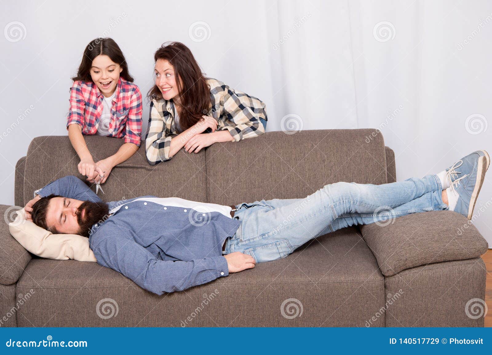 Family Prank. Mom and Daughter Going To Cut Beard Sleeping Dad. Lets Have  Fun Stock Image - Image of hipster, father: 140517729