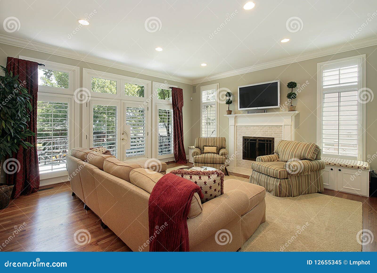 Family Room with Brick Fireplace Stock Image - Image of upscale, luxury ...