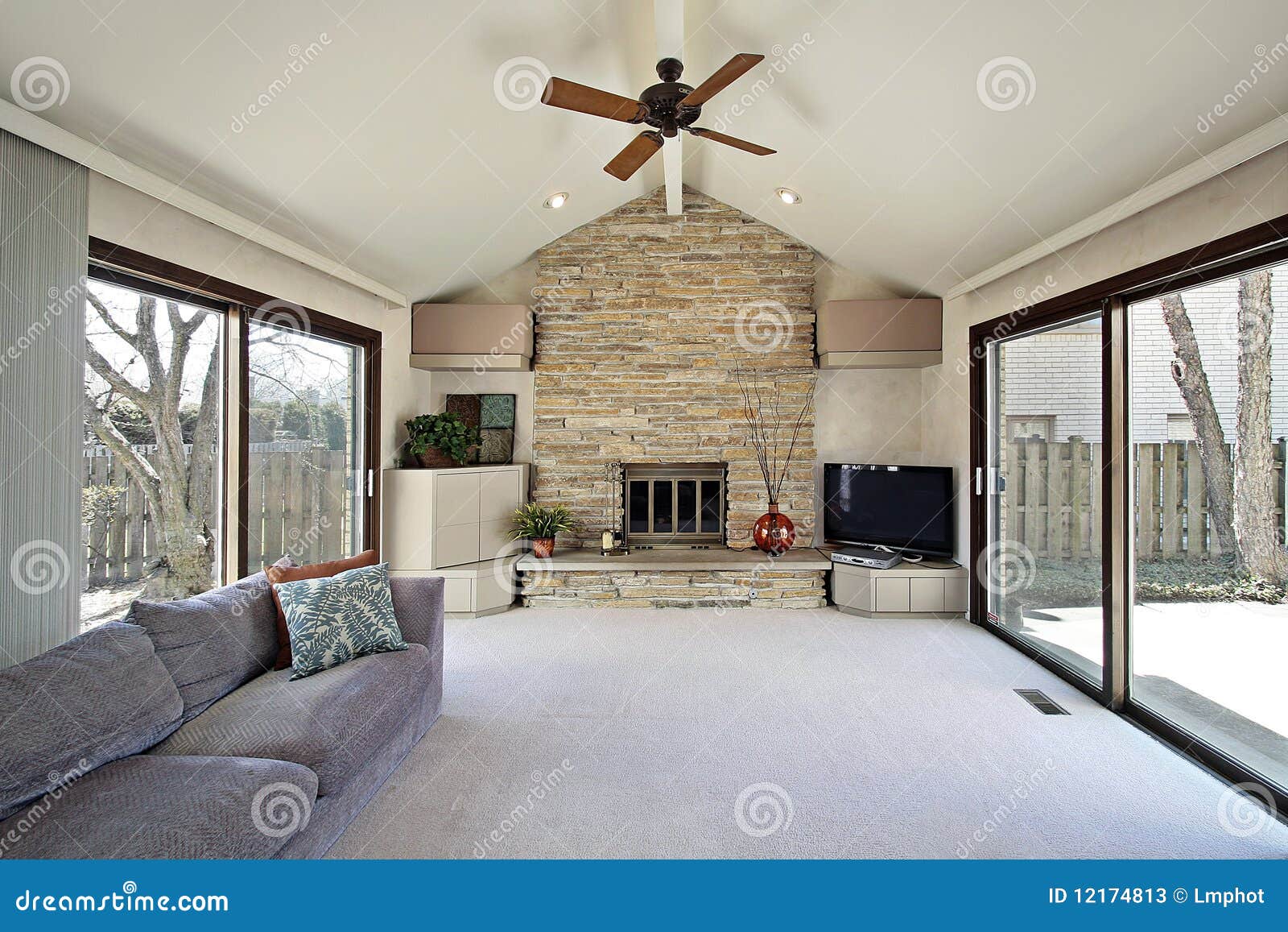  Family  Room  With Stone Fireplace Stock Photos Image 