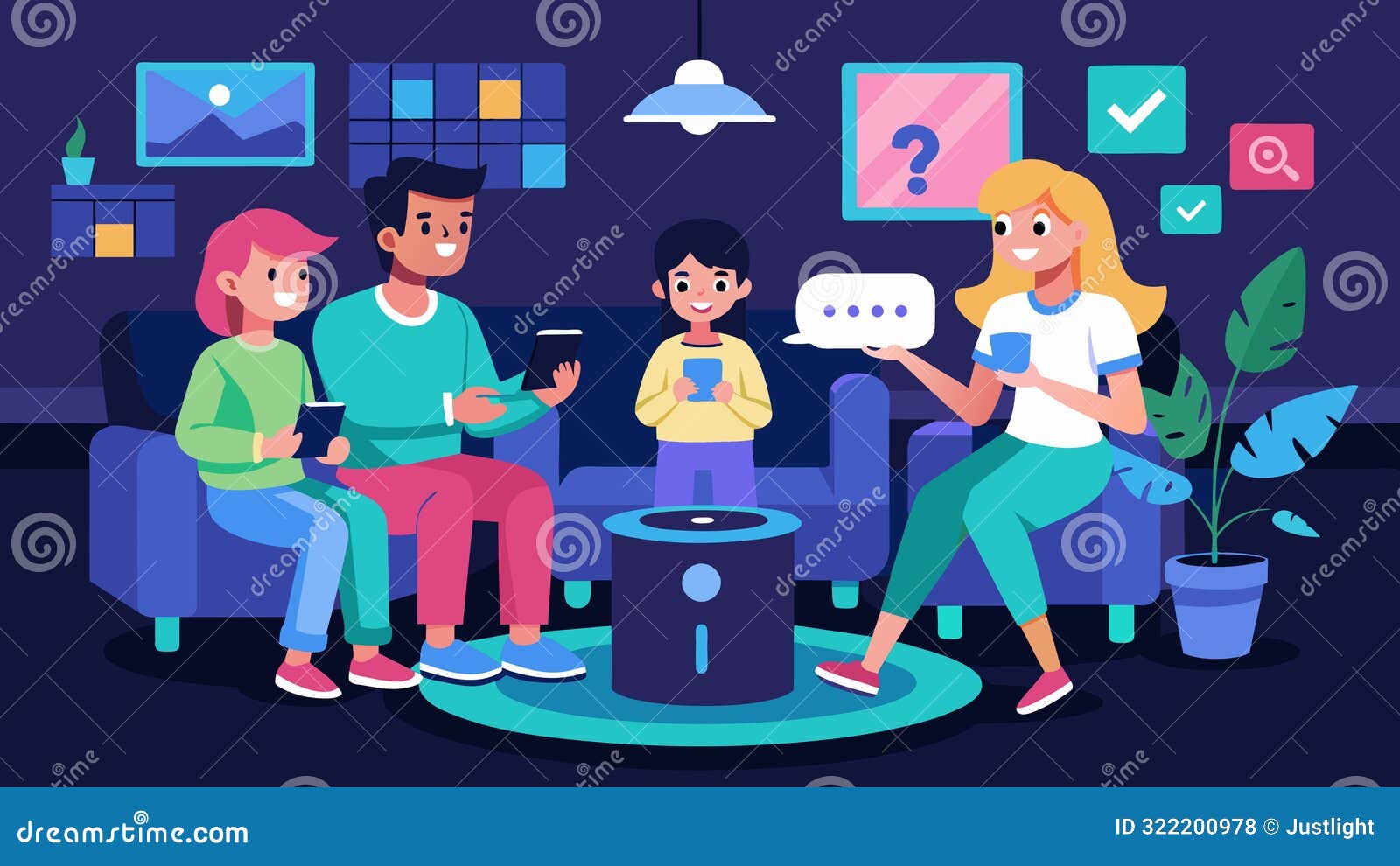 a family room is transformed into a game zone as a family competes in a fastpaced trivia game using their smart speakers