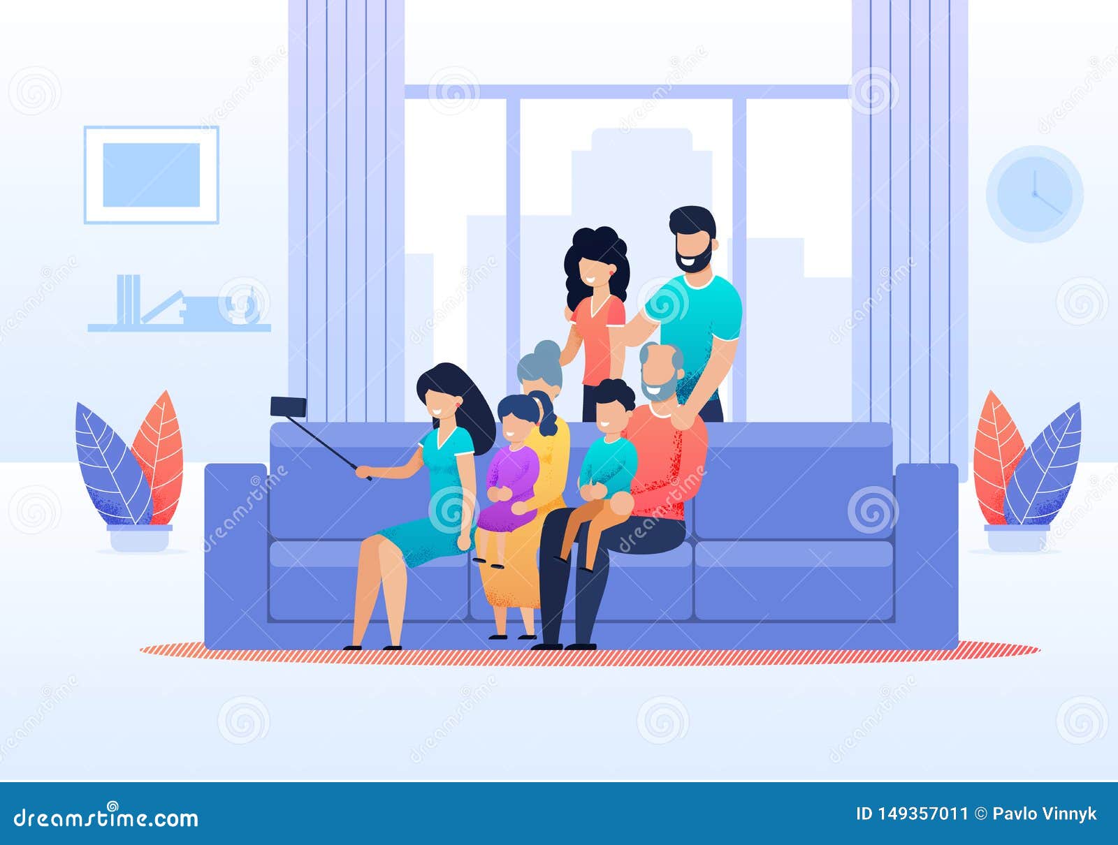 Family Selfie In Living Room At Home Flat Cartoon Stock Vector Illustration Of Cellphone Character