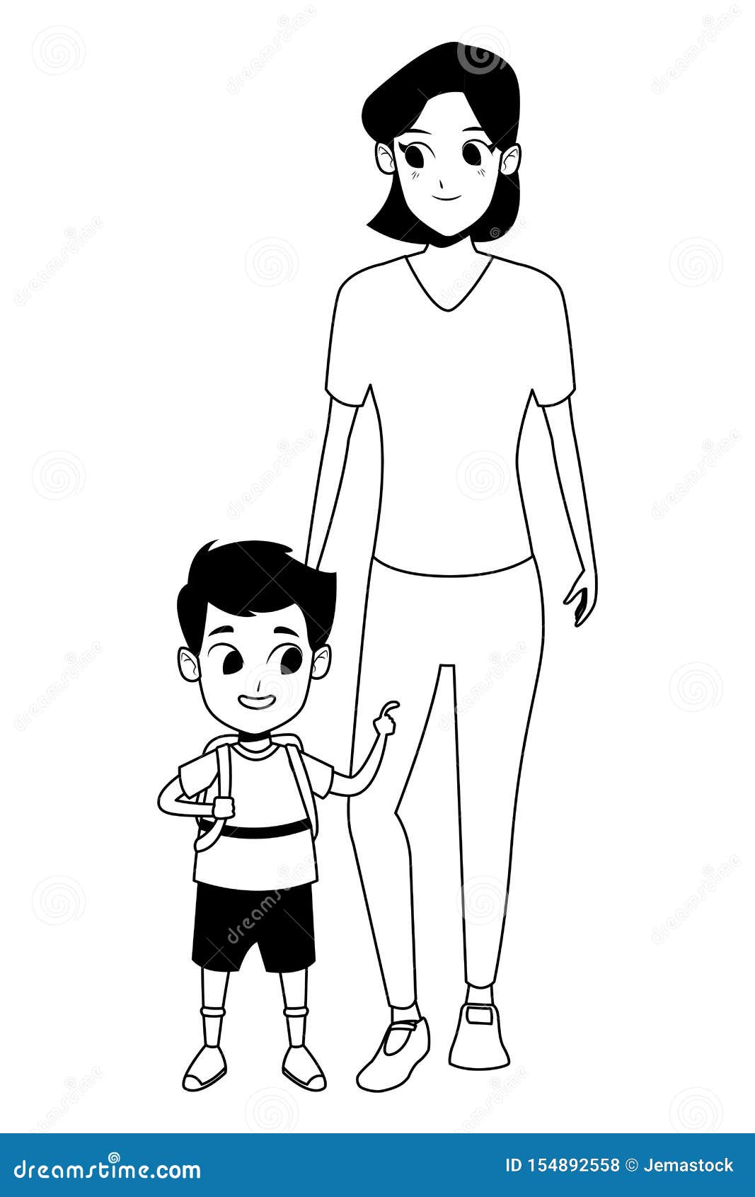 Family Single Parent with Children Cartoon in Black and White Stock Vector  - Illustration of default, life: 154892558