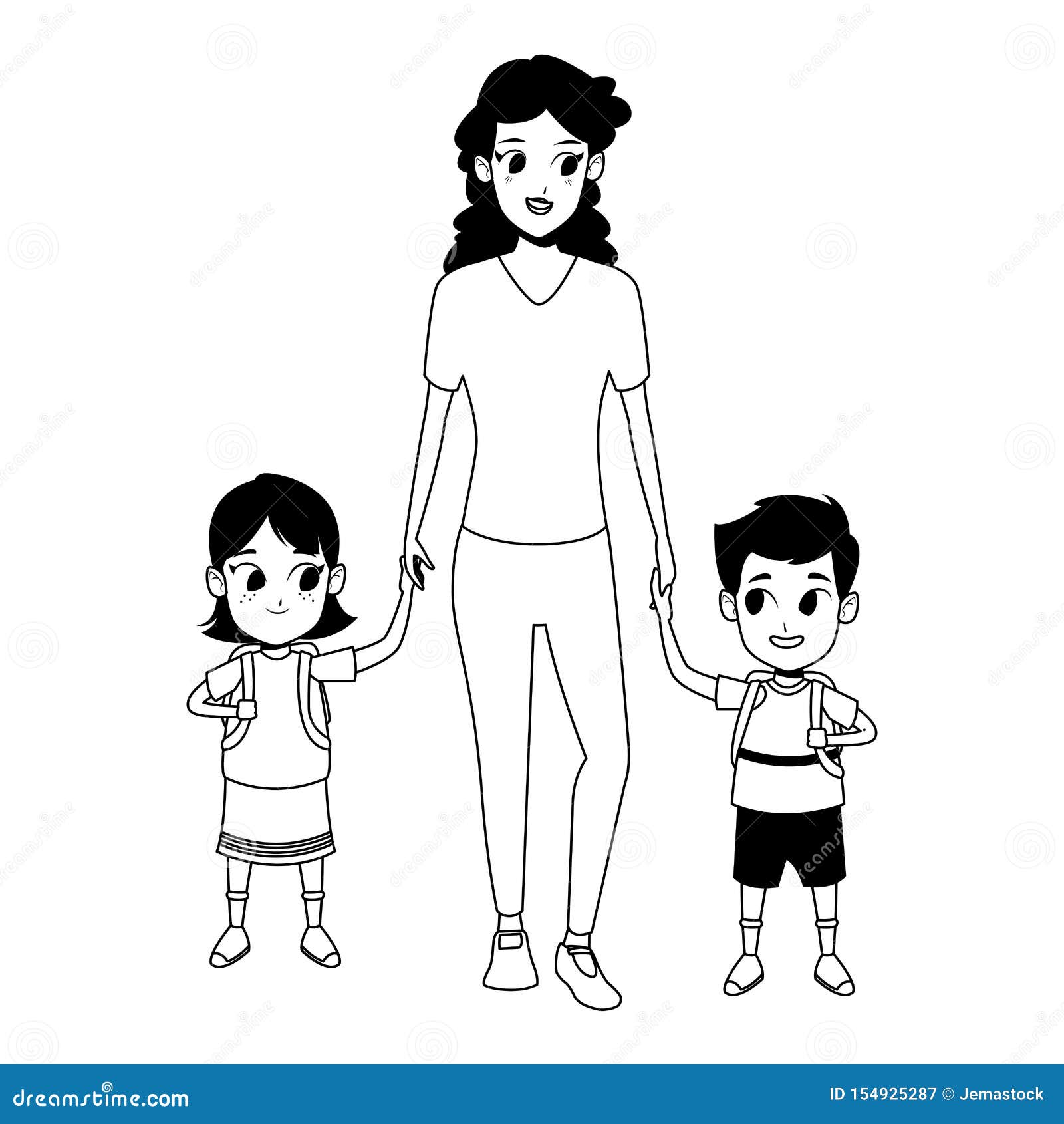 Family Single Parent with Childrens Cartoon in Black and White Stock ...