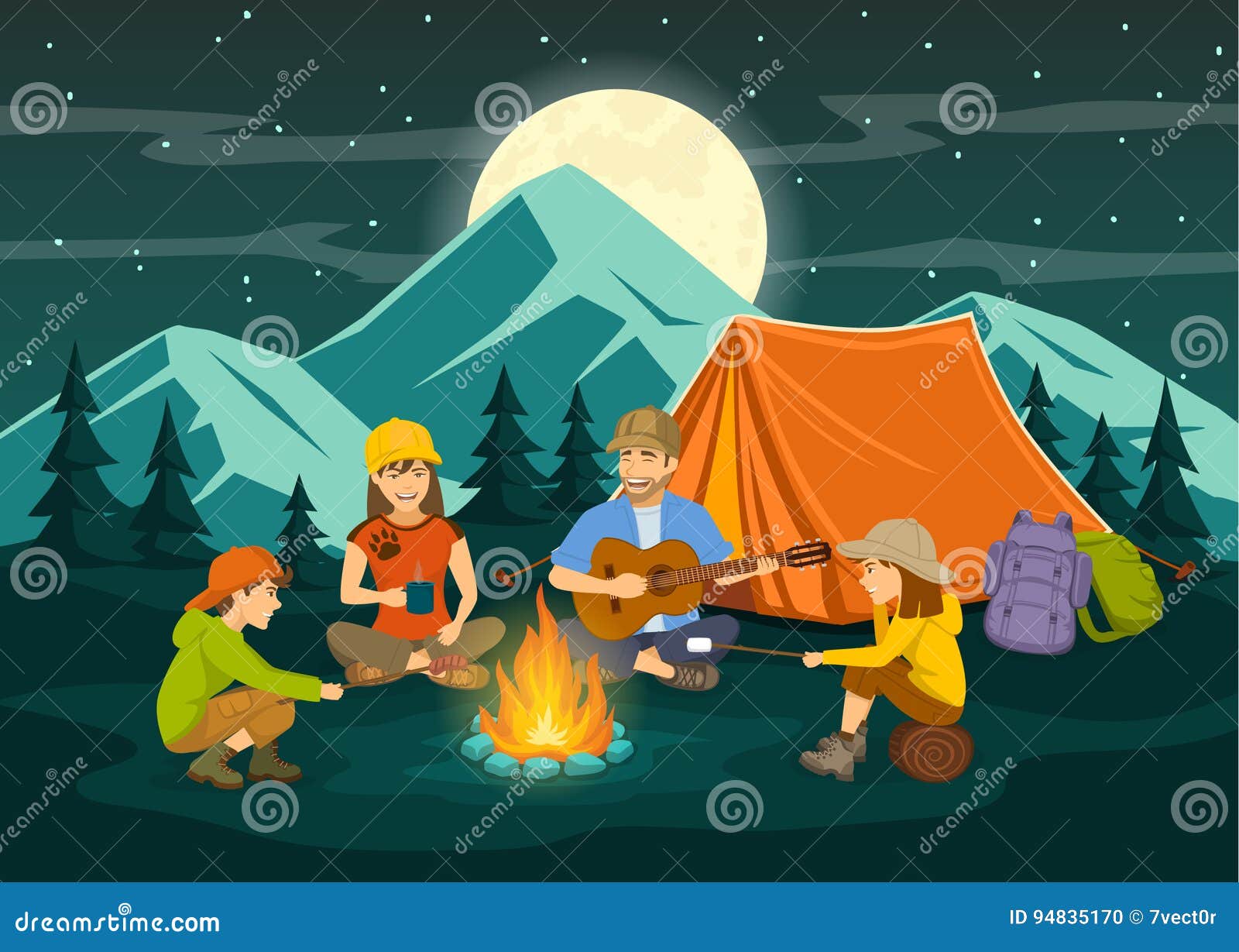 family sitting around campfire and tent, night scene