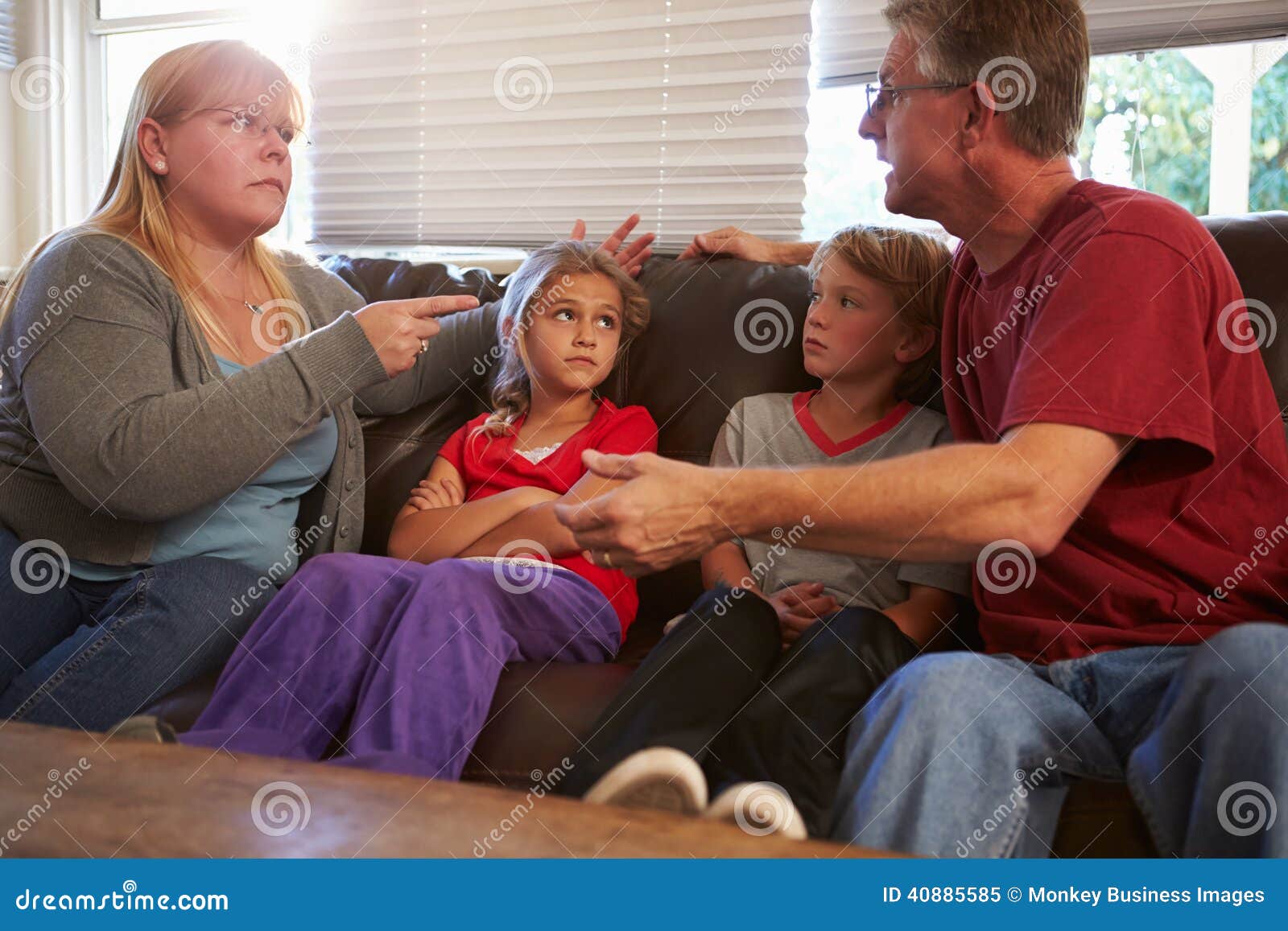 family sitting on sofa with parents arguing