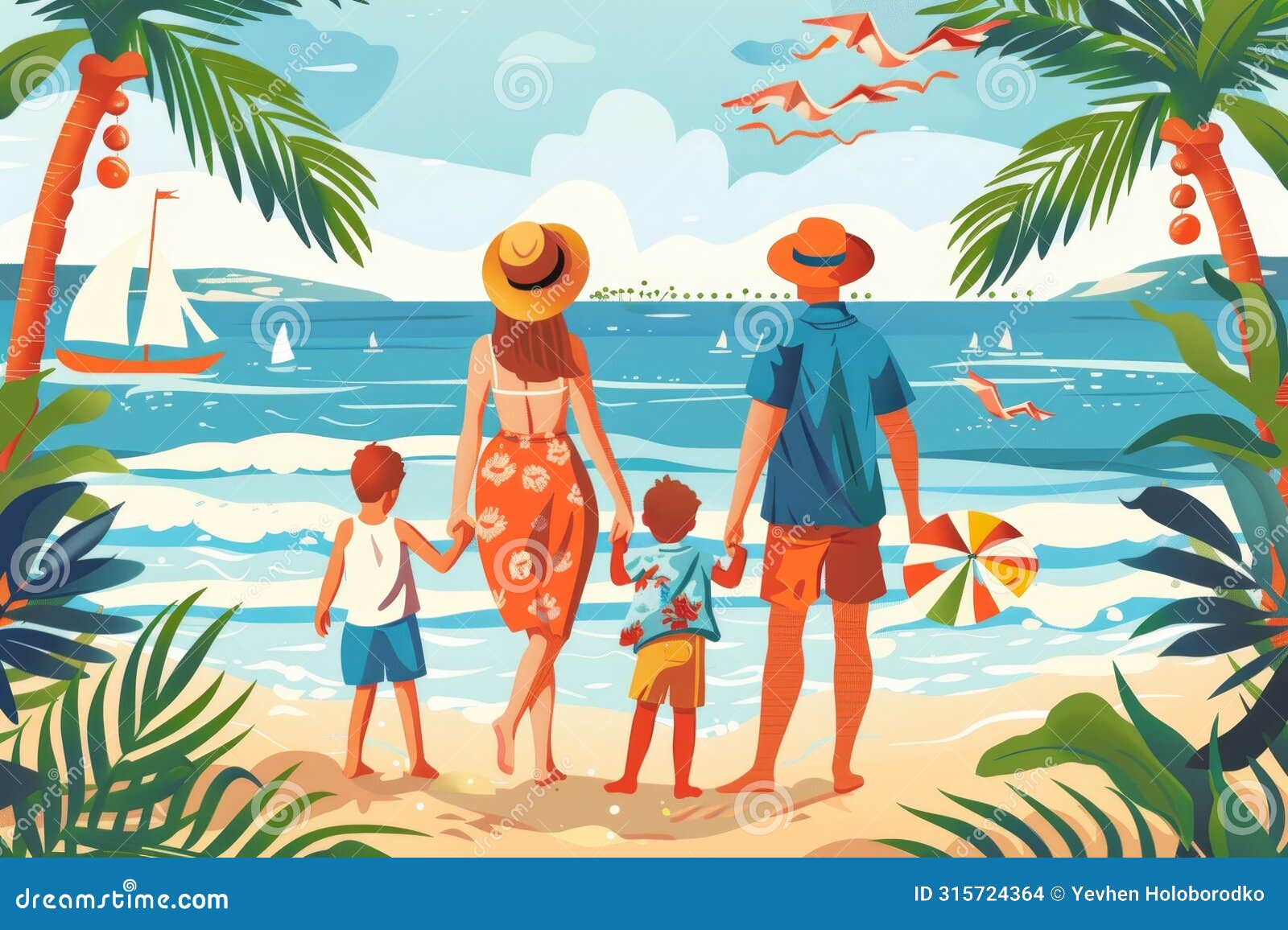 family summer beach fun. trendy printmaking style  of people enjoying vacation day