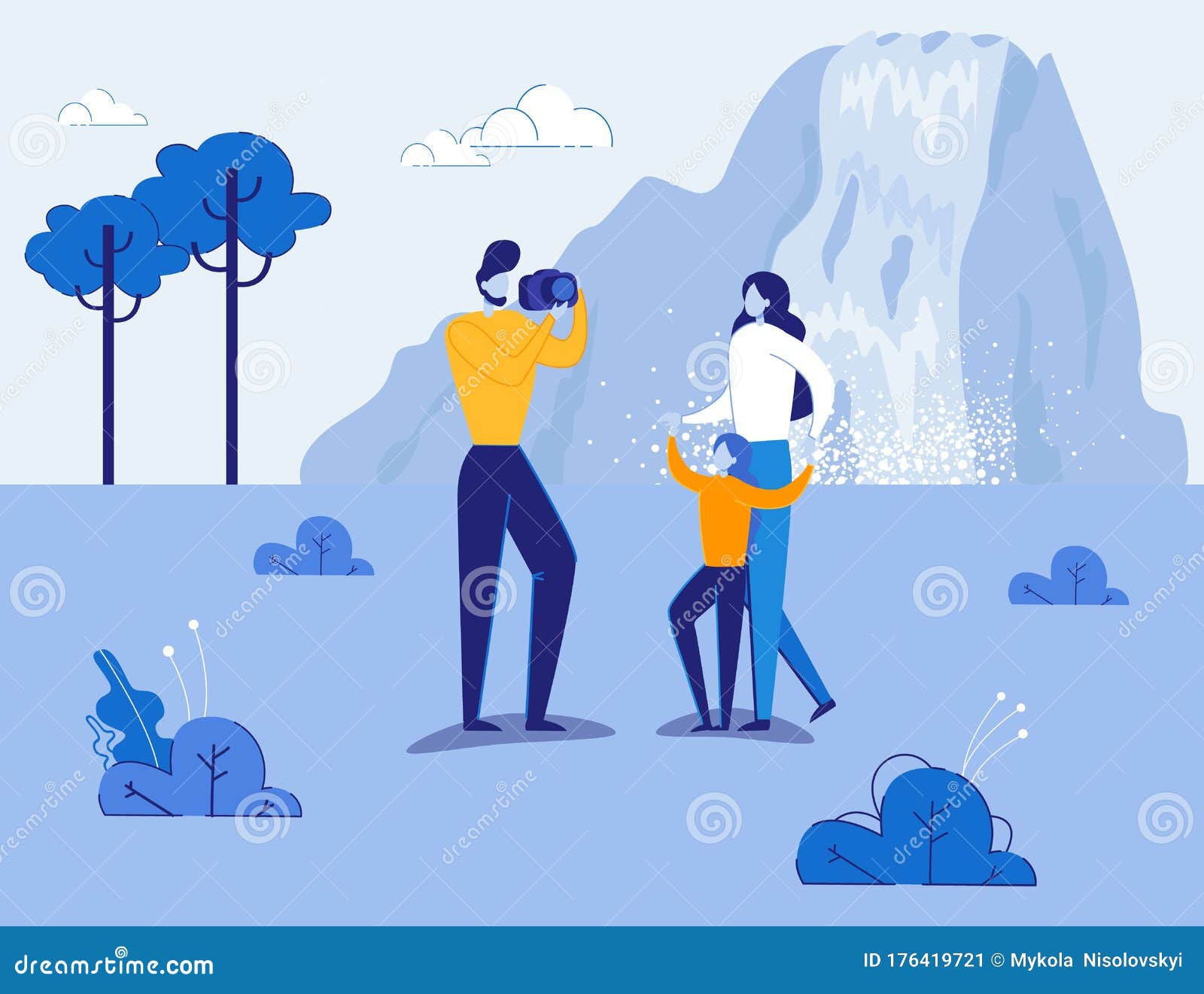 Family Travelers Take Photo on Waterfall Backdrop. Stock Vector ...