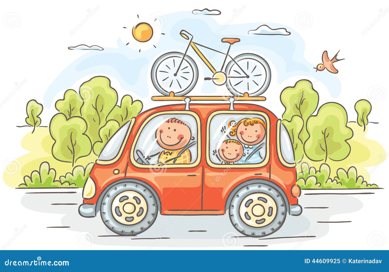 family travelling by car in the countryside
